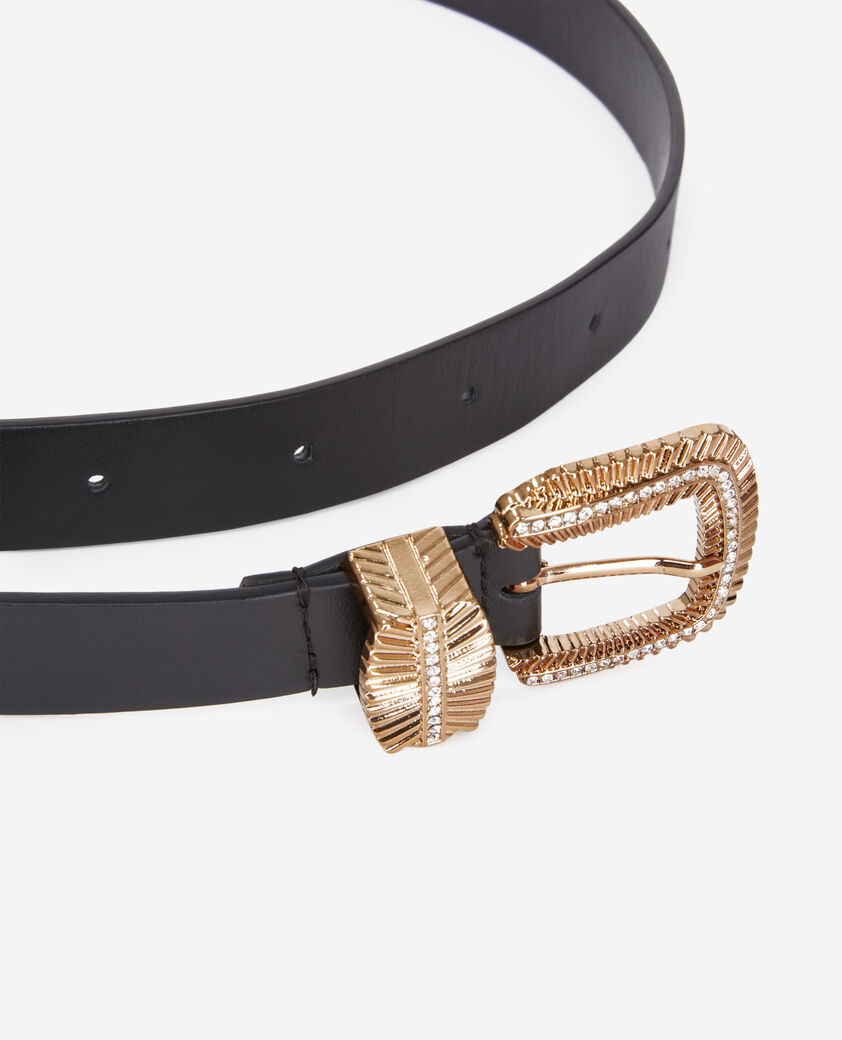 The Kooples WOMEN BLACK black leather belt with streaked buckle and rhinestones