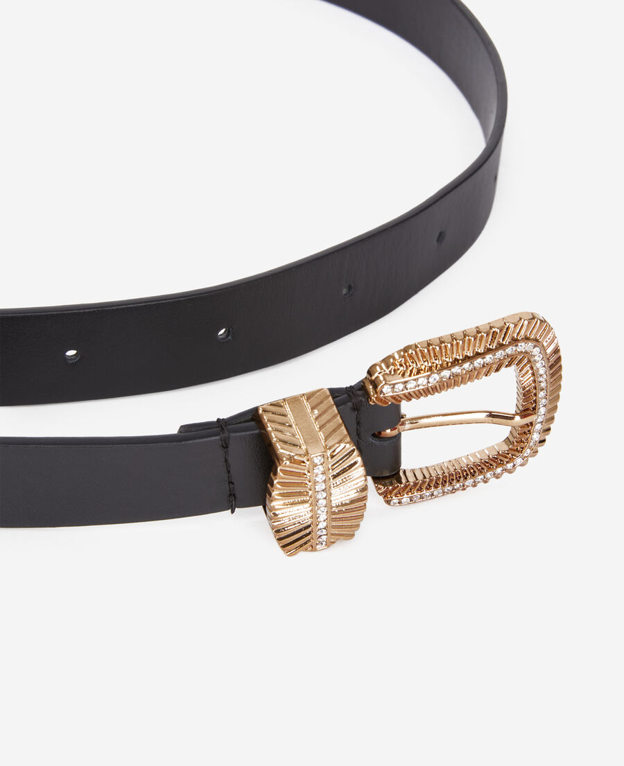 The Kooples WOMEN BLACK black leather belt with streaked buckle and rhinestones