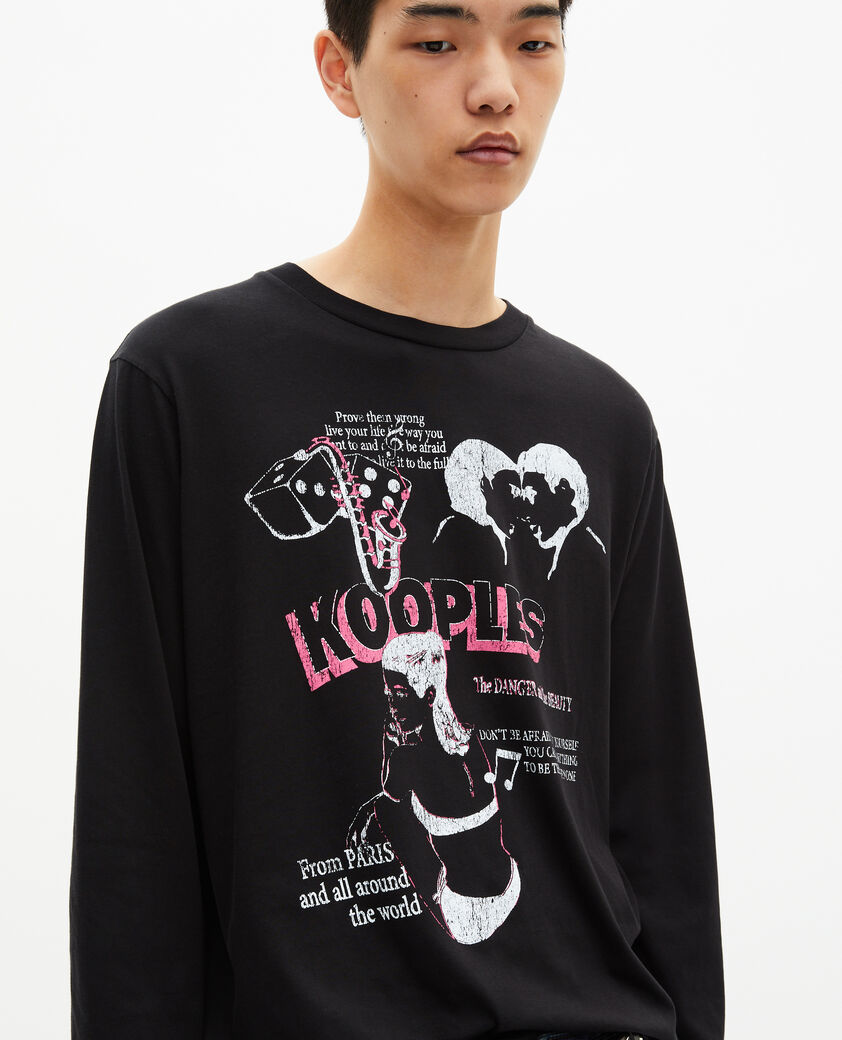 The Kooples MEN BLACK WASHED long-sleeved t-shirt with black screen printing