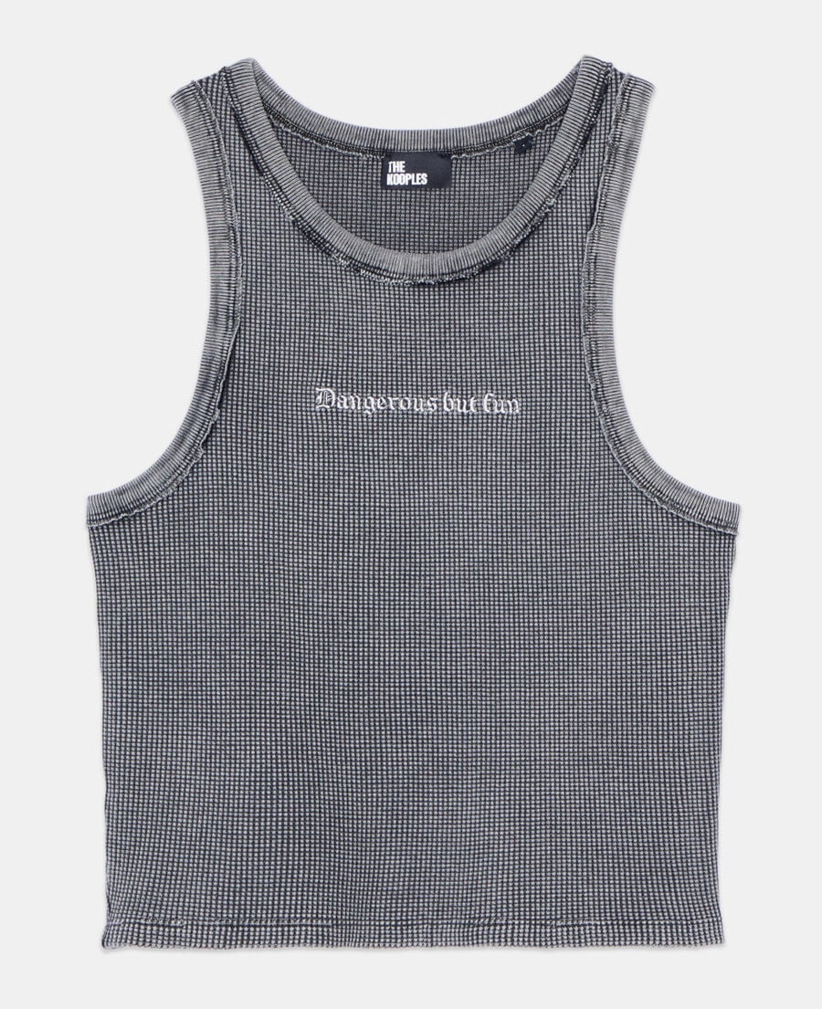 The Kooples WOMEN BLACK WASHED black tank top with dangerous but fun serigraphy