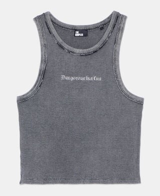 The Kooples WOMEN BLACK WASHED black tank top with dangerous but fun serigraphy