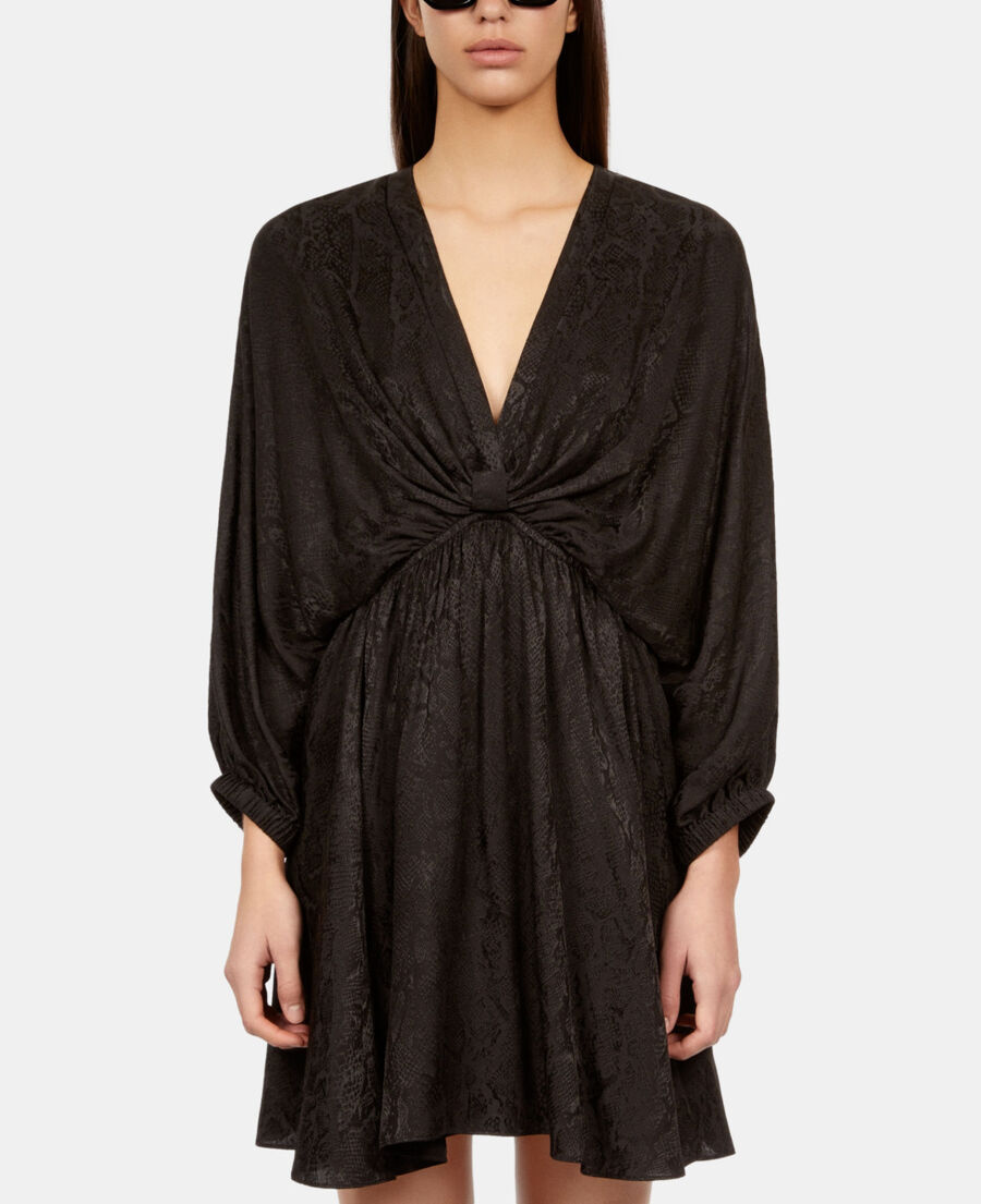 The Kooples DAMEN BLACK schwarzes kurzes jacquardkleid in pythonoptik mit drapierung
