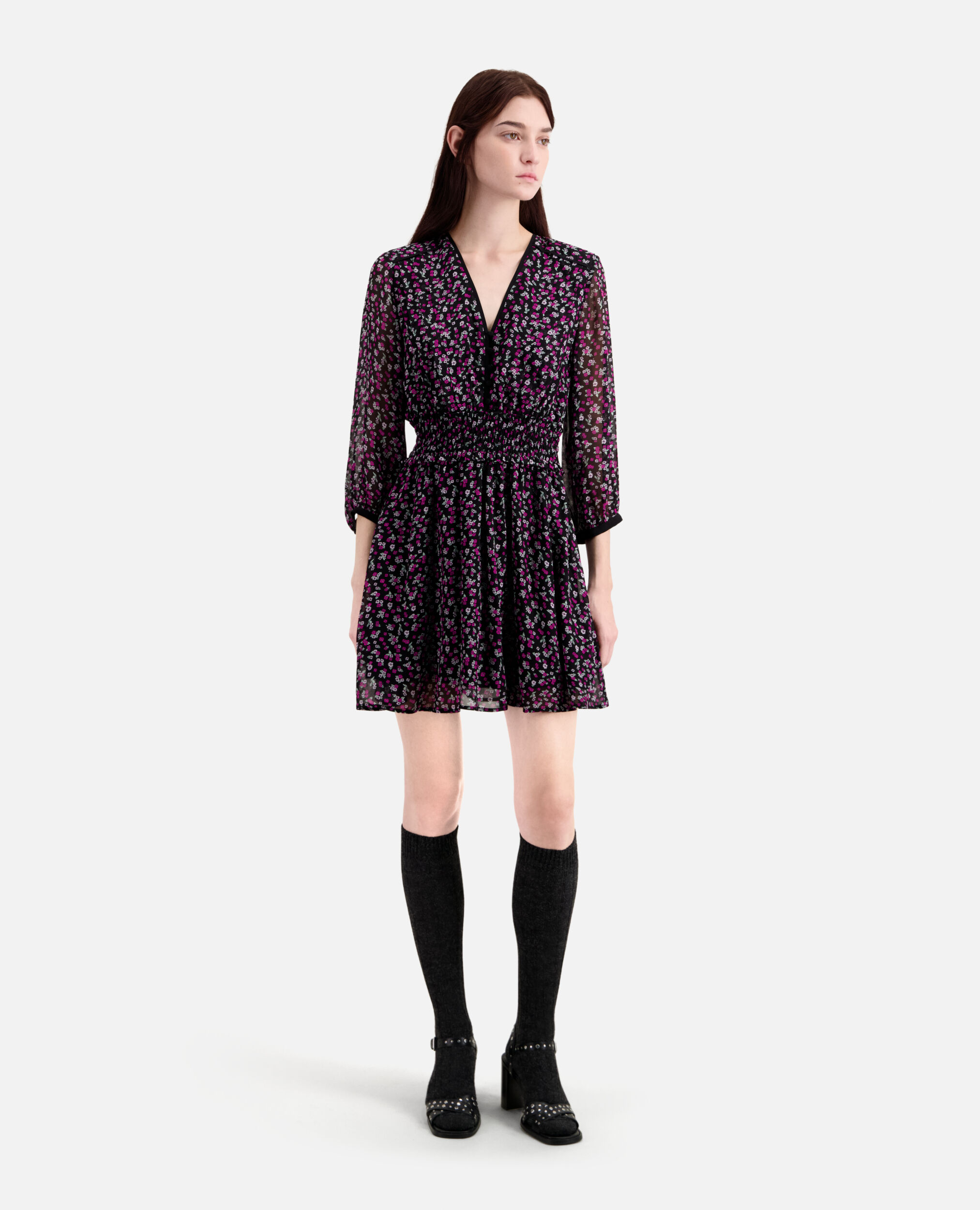 Short printed dress with smocking, BLACK / PINK, hi-res image number null