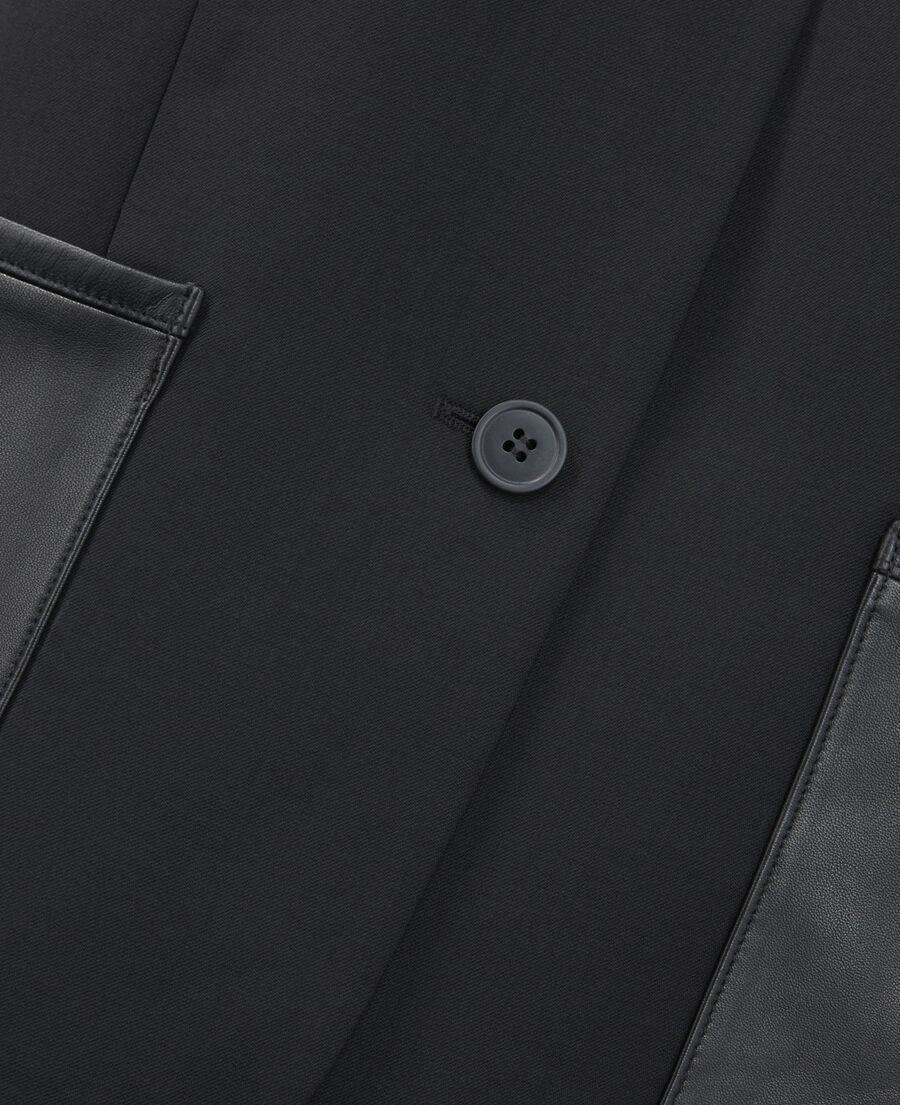 veste laine noire ajustée poches cuir