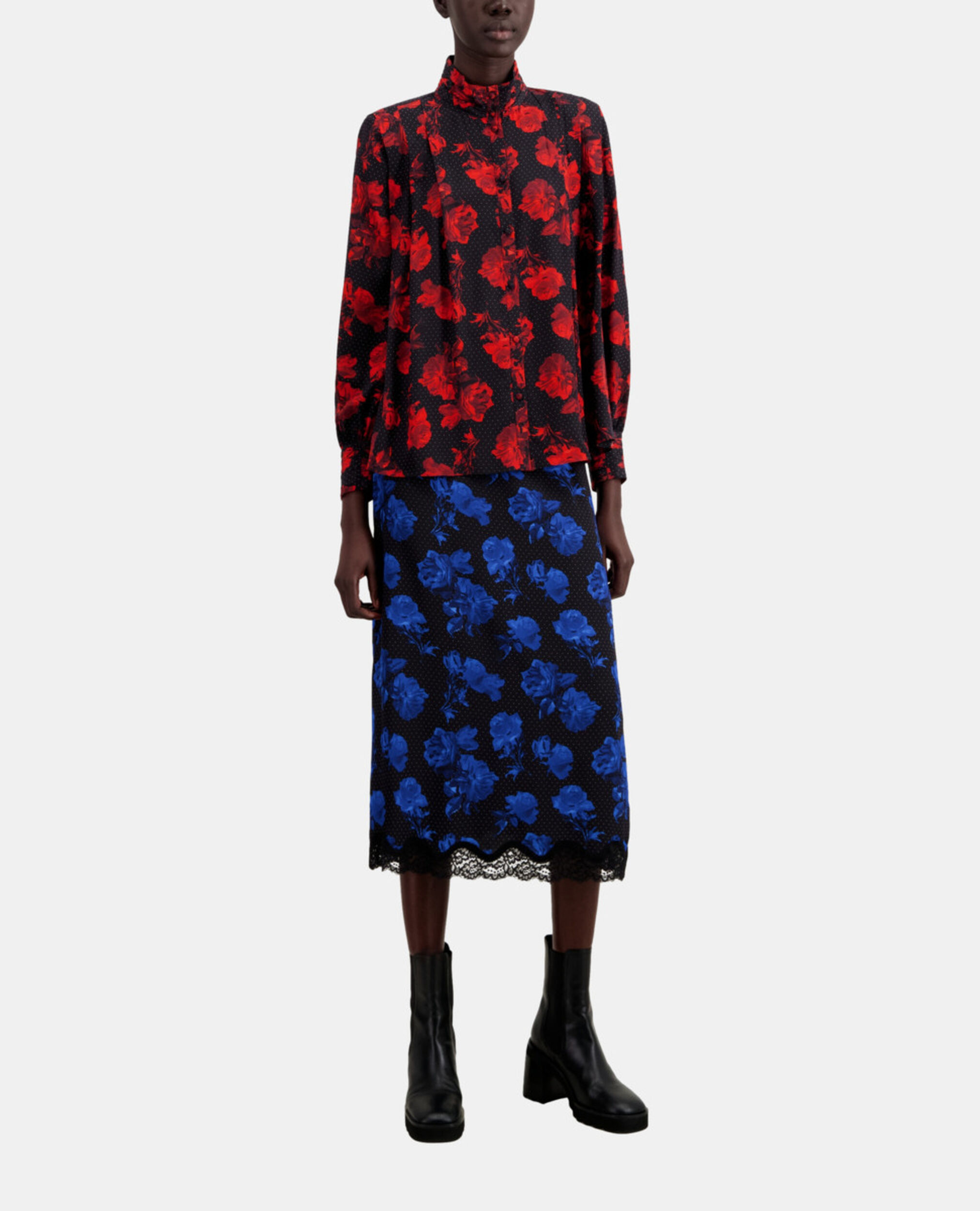 Top imprimé en soie avec plissage, BLACK - RED, hi-res image number null