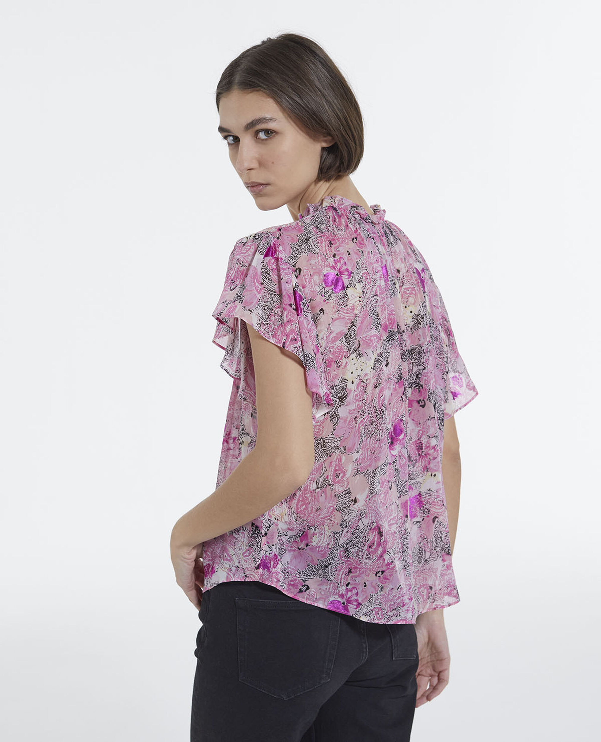 Flowing frilly pink top with floral print, PINK, hi-res image number null