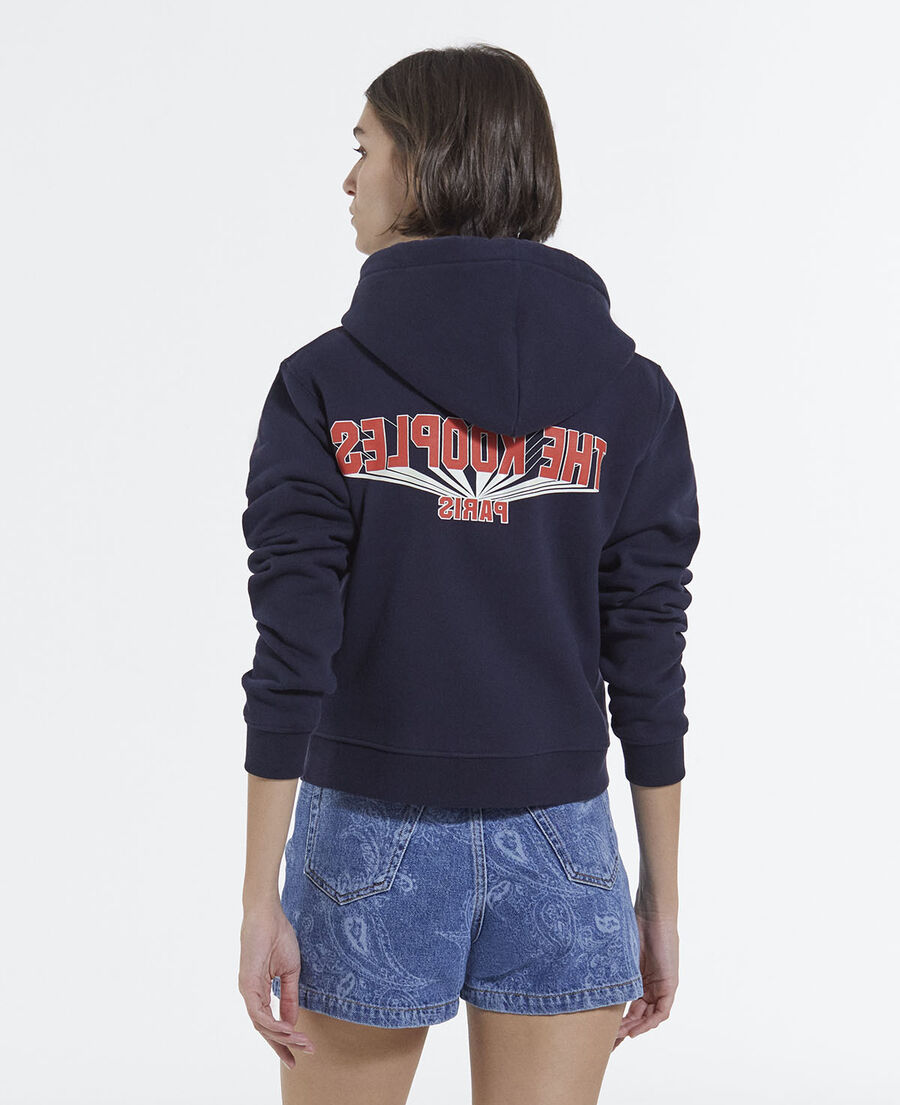 navy blue hoodie with red logo