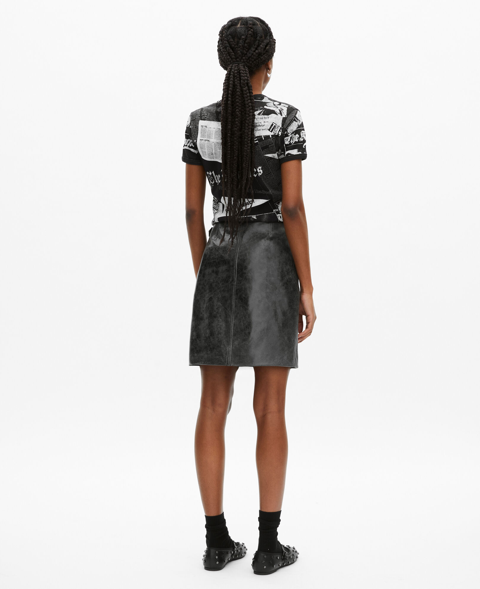 The Kooples WOMEN BLACK STONE short black leather skirt with zipper