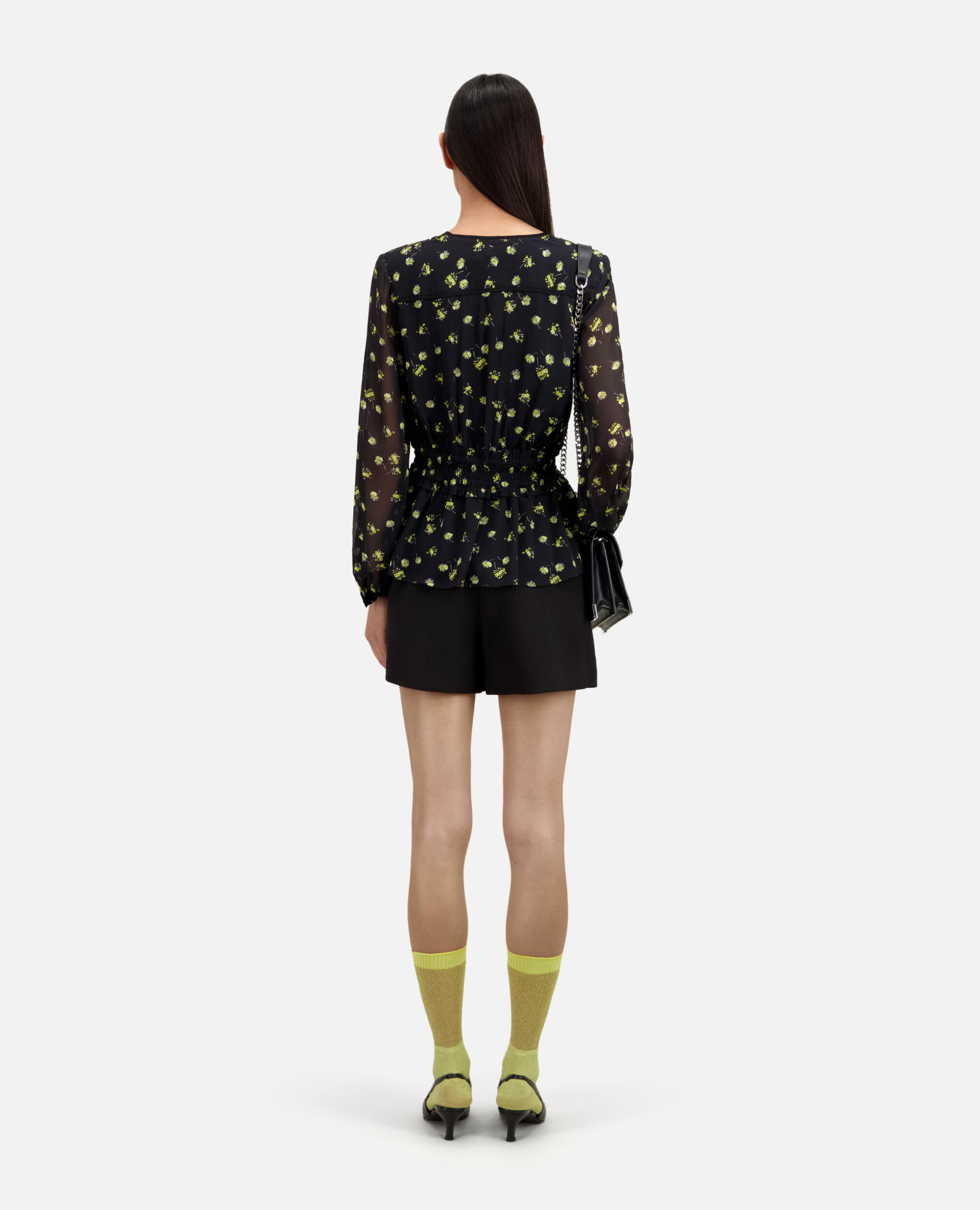 Printed top with smocking, BLACK / YELLOW, hi-res image number null