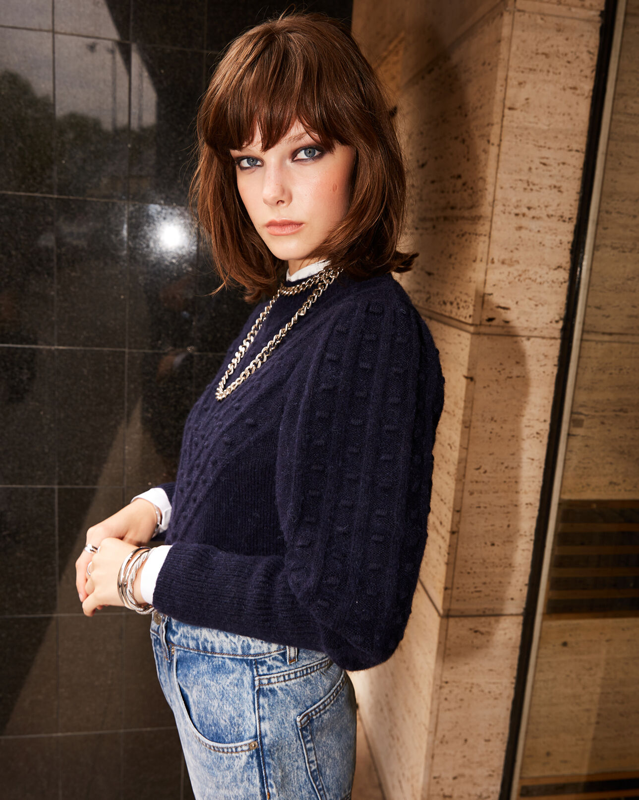 The Kooples WOMEN NAVY blue wool blend sweater with crew neck