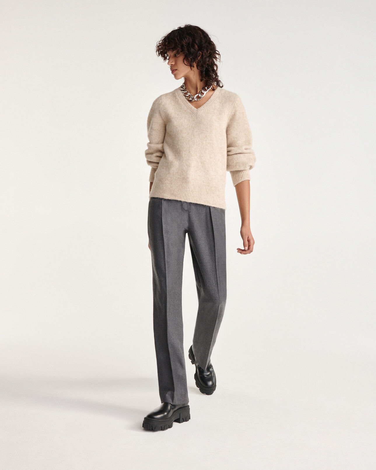 The Kooples WOMEN BEIGE beige knit v-neck sweater with baggy sleeves