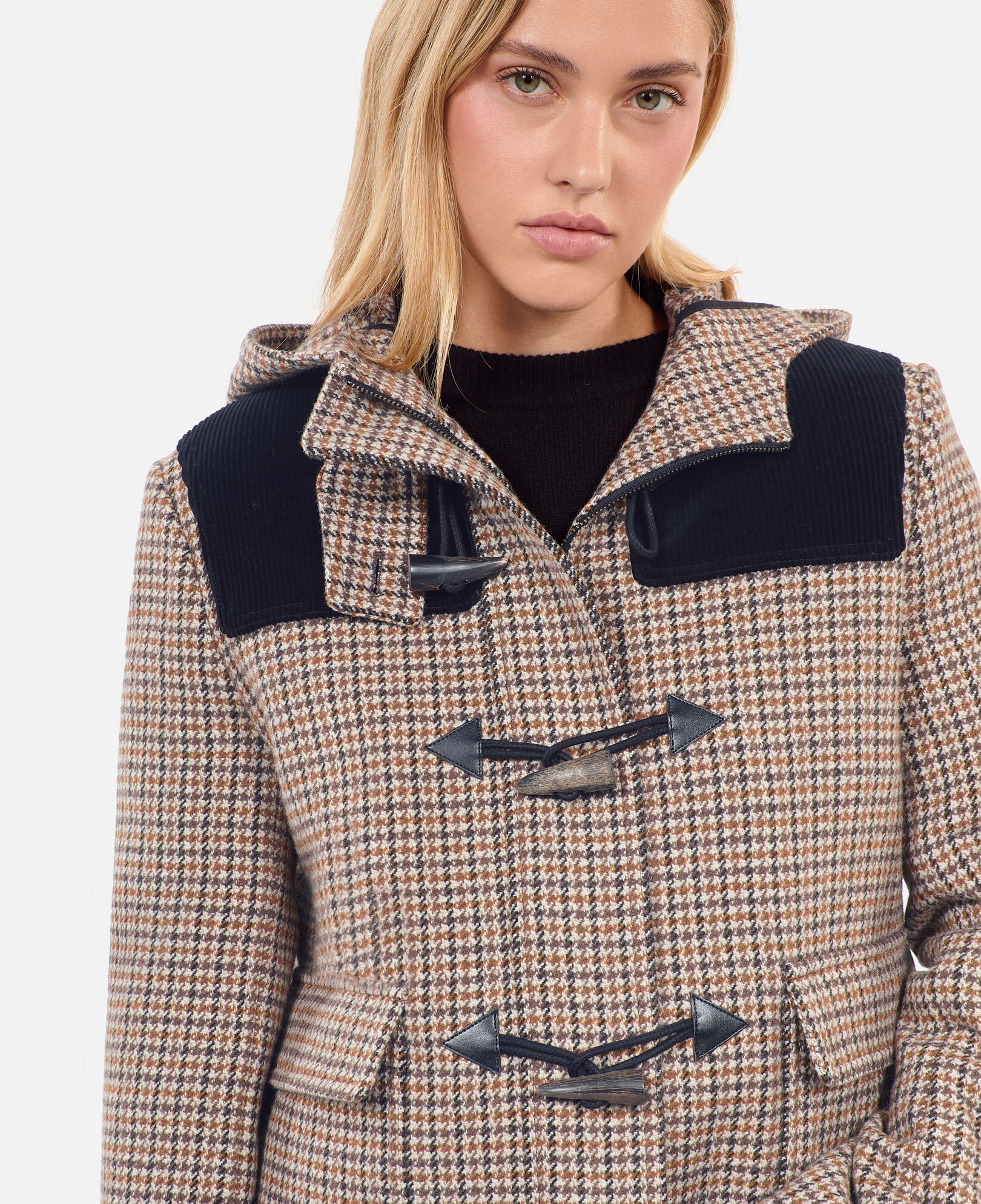 The Kooples WOMEN BEIGE-BROWN beige houndstooth hooded pea coat
