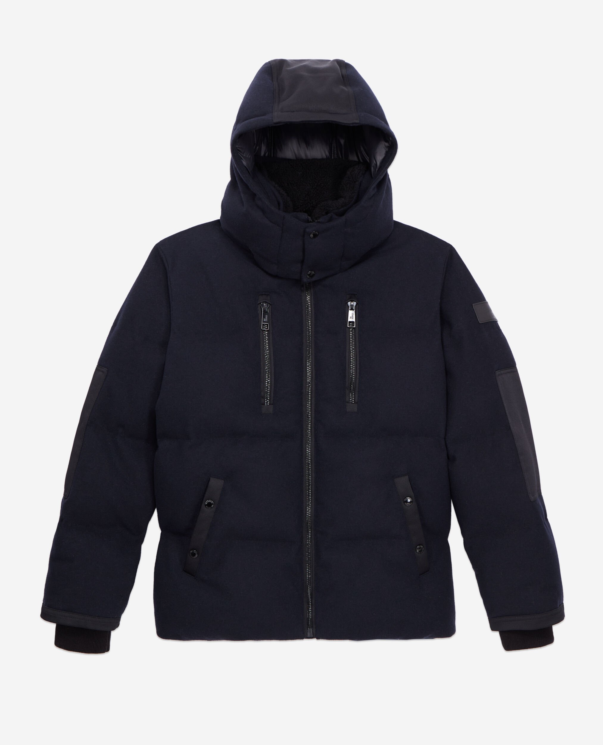 Navy blue flannel puffer jacket, NAVY, hi-res image number null