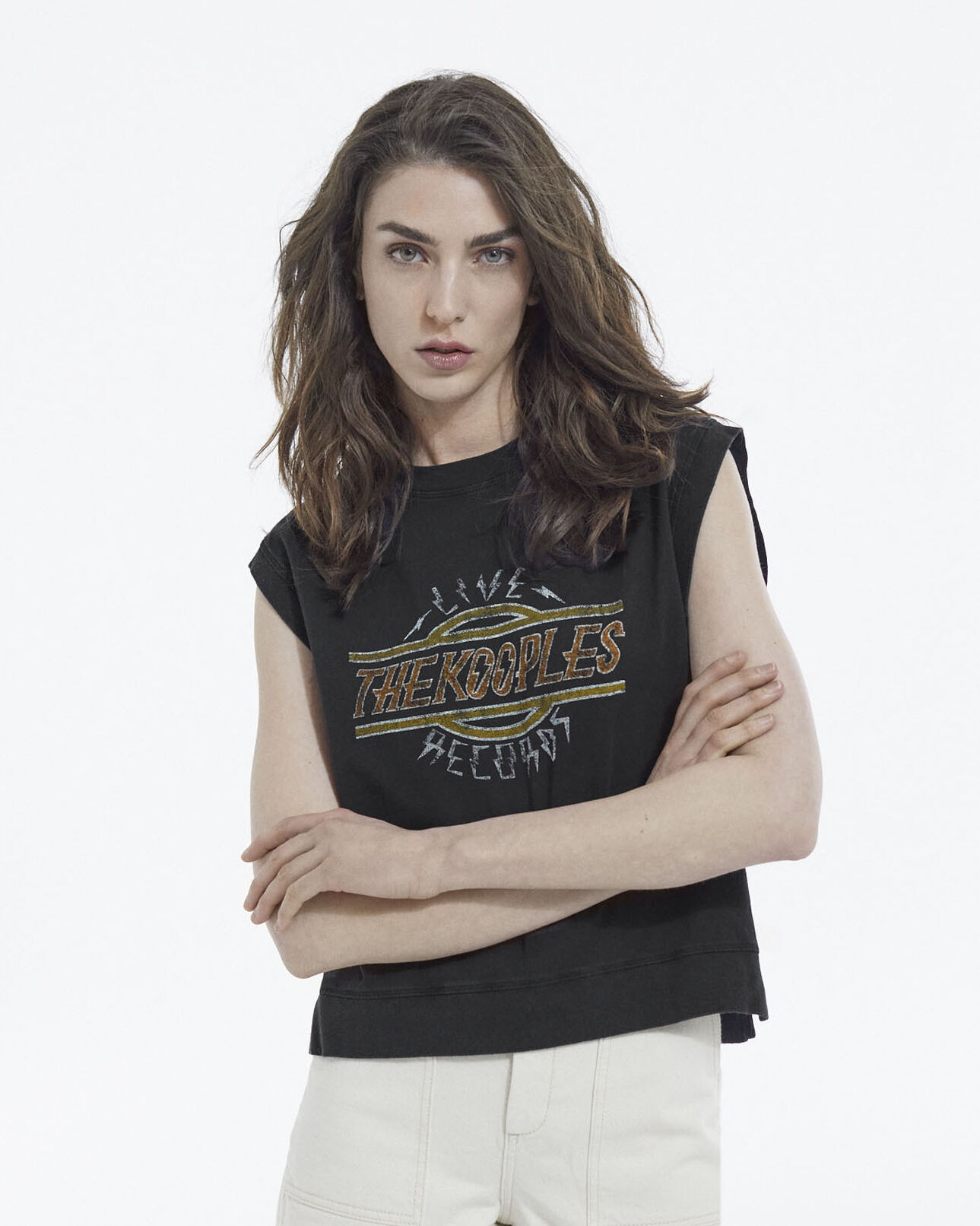 The Kooples WOMEN BLACK WASHED sleeveless cotton faded black t-shirt with motif