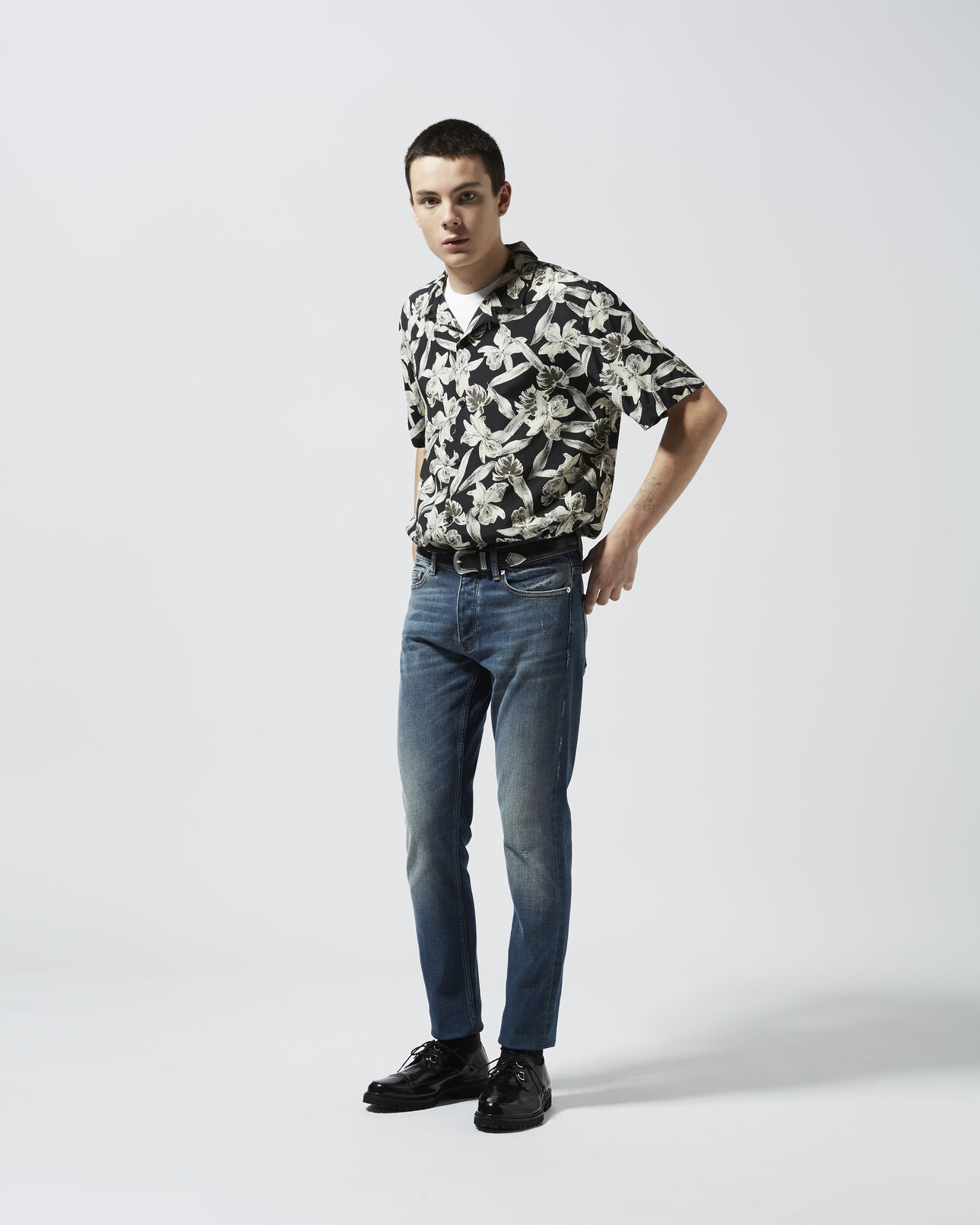 The Kooples MEN BLUE DENIM faded ripped blue jeans with leather tag
