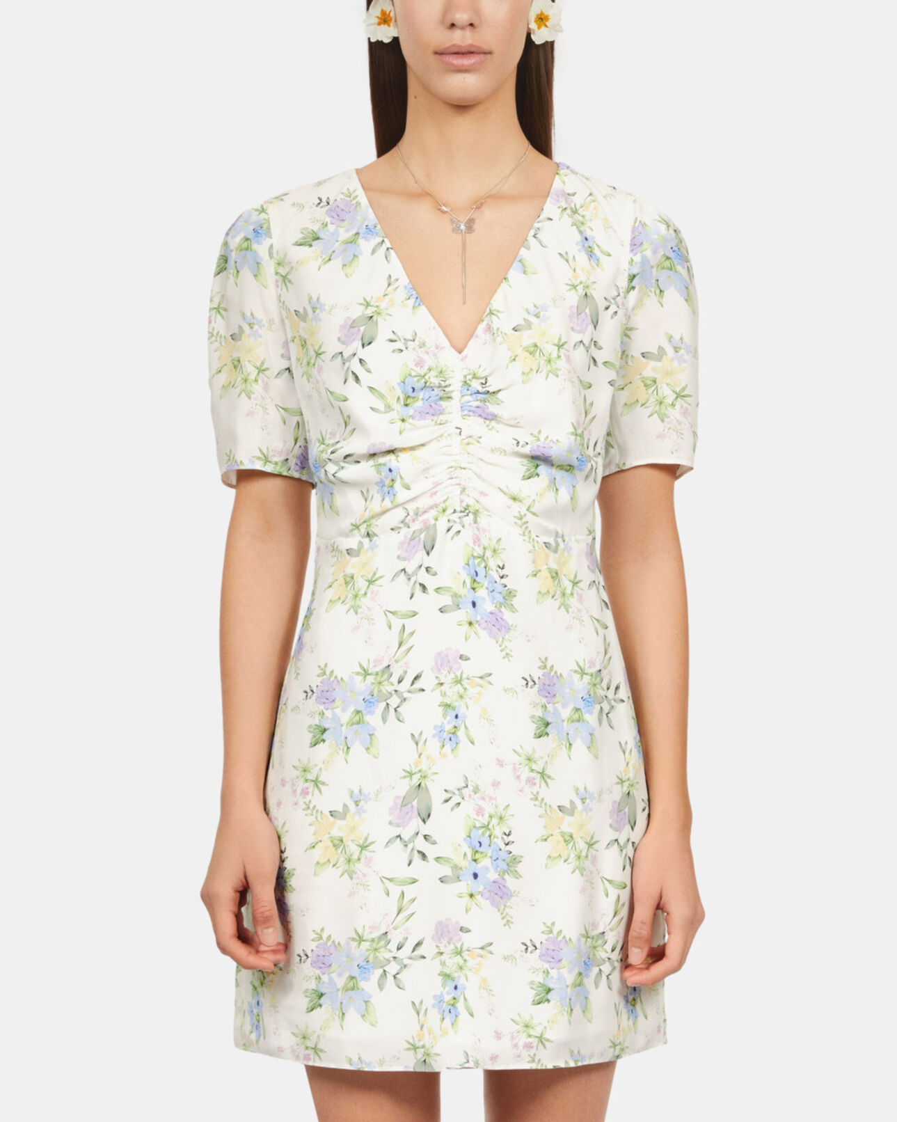The Kooples WOMEN LIGHT BLUE/WHITE white floral short sleeve short dress with shirring