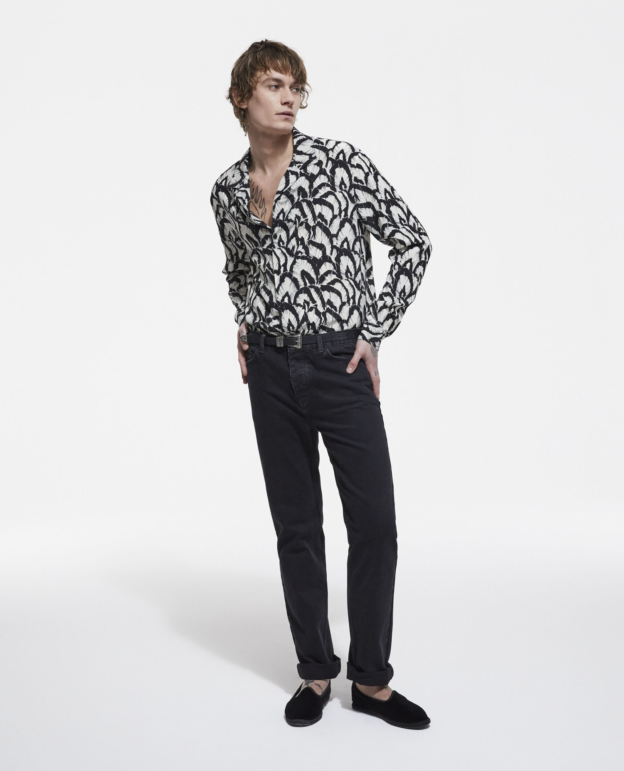 Chemise col hawaïen en soie imprimée, OFF WHITE / BLACK, hi-res image number null
