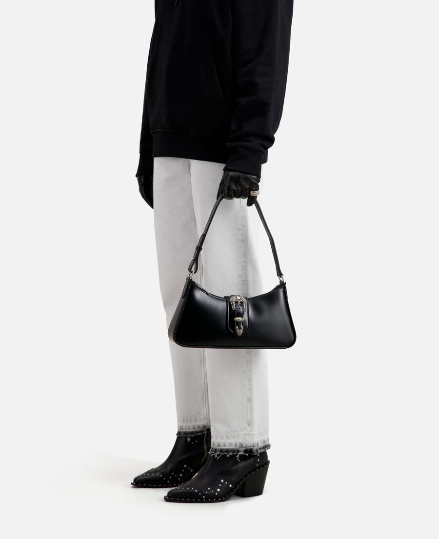 black joe glazed leather joe baguette bag with western buckle