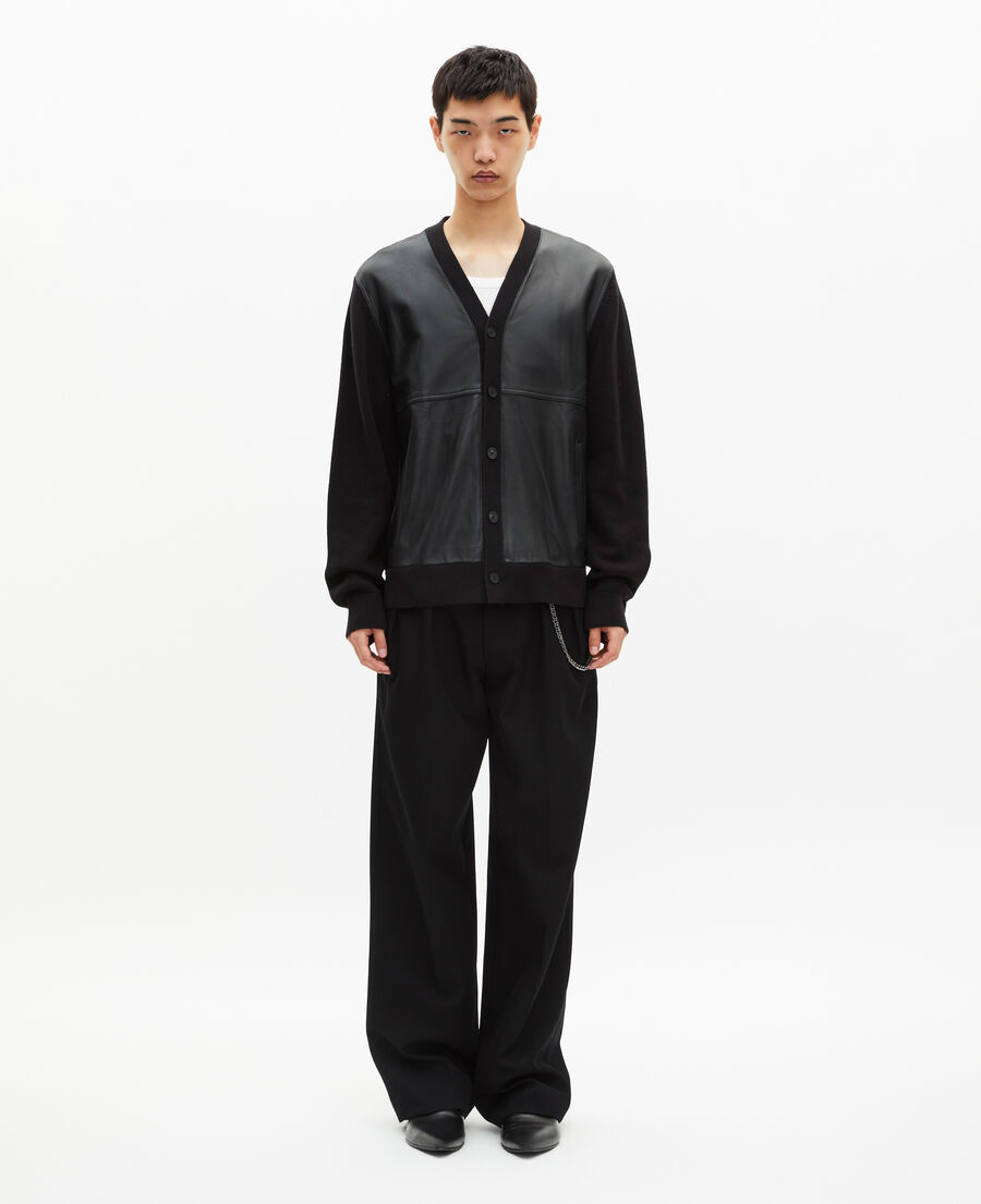 The Kooples HERREN BLACK geknöpfte strickjacke aus zwei materialien mit schwarzem leder