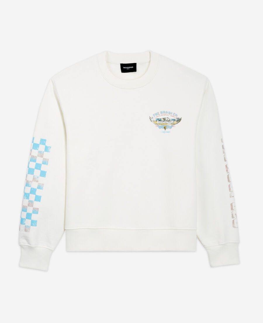 ecru screen printed check motif sweatshirt