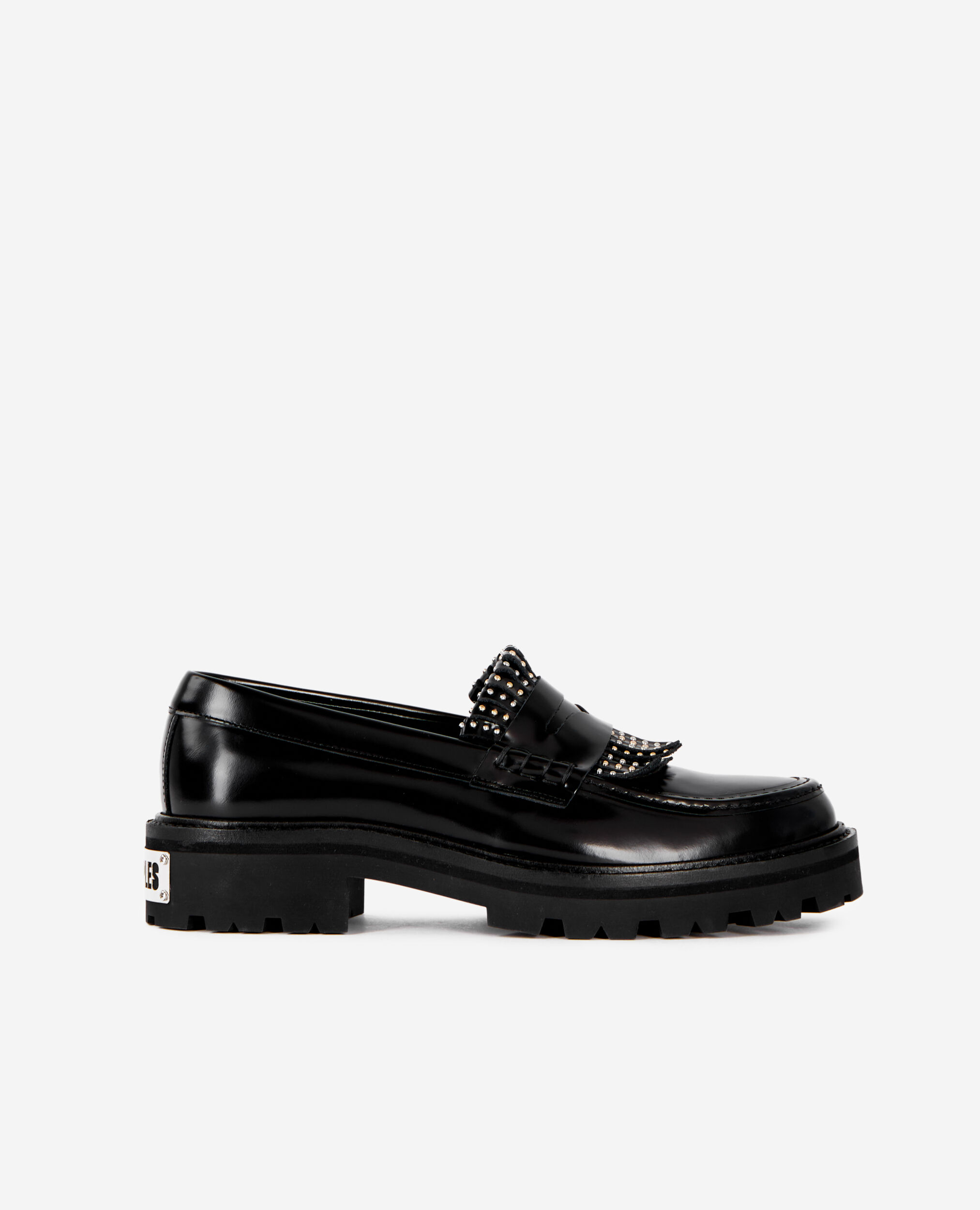 Penny loafers in black leather with fringes and studs, BLACK, hi-res image number null