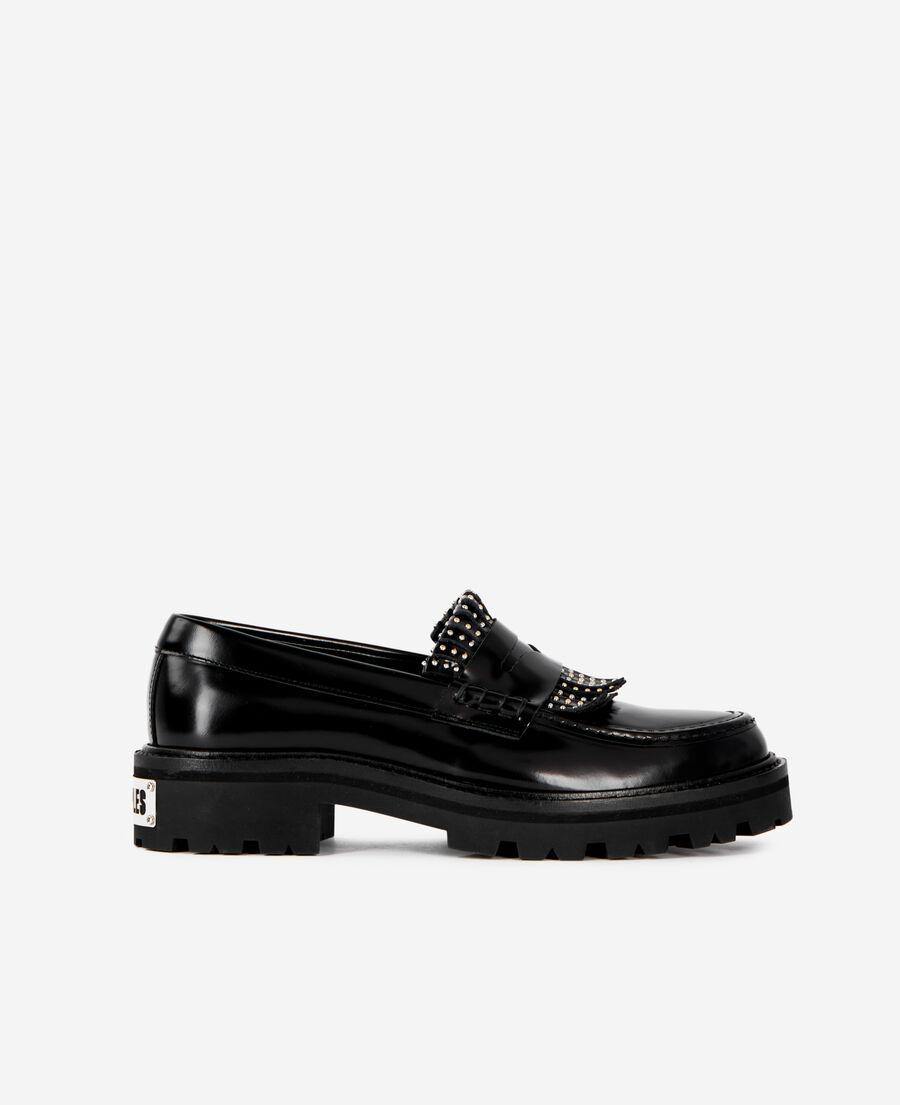 penny loafers in black leather with fringes and studs