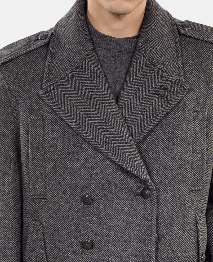 The Kooples MEN BLACK GREY black herringbone wool blend pea coat