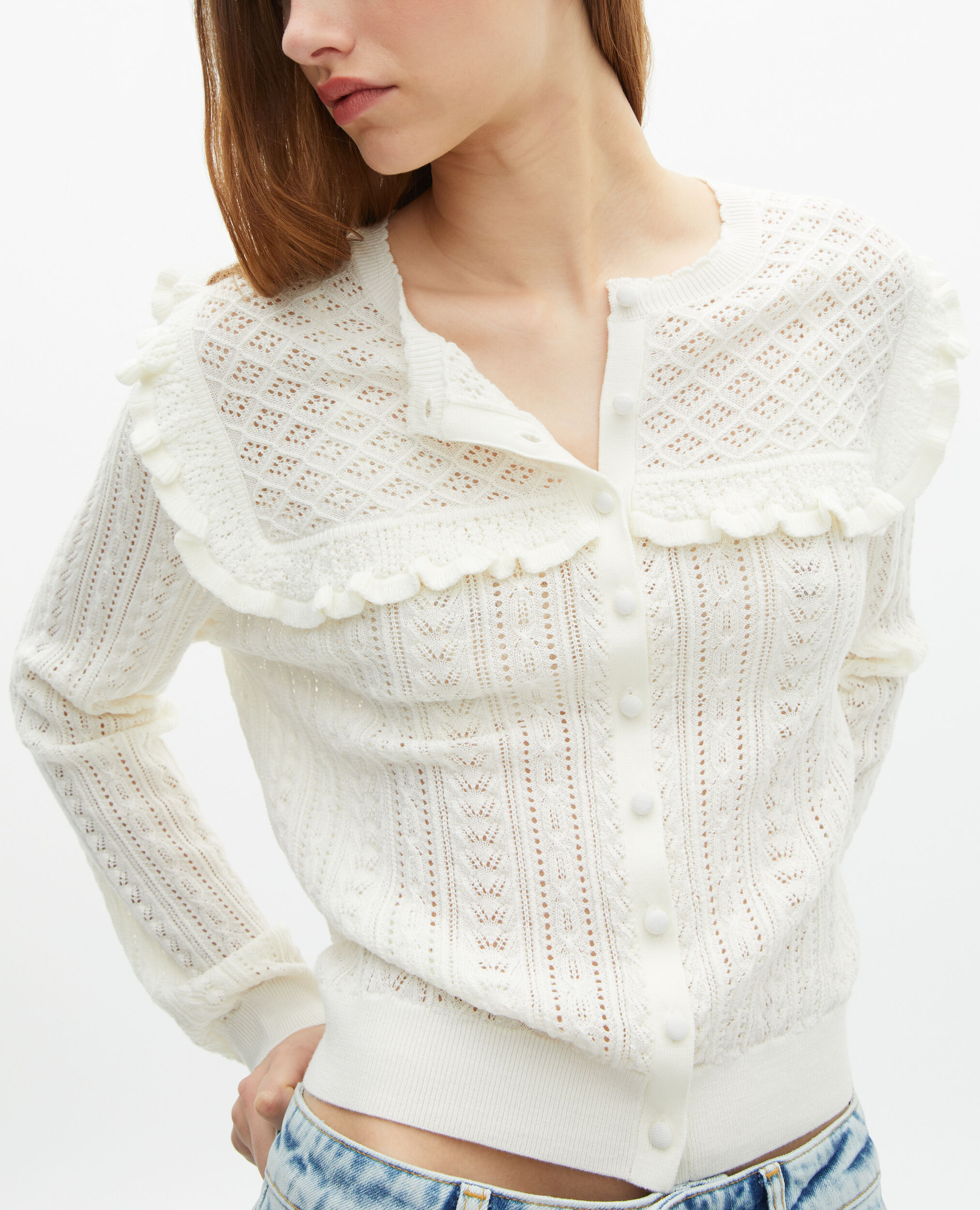 Cardigan with ruffles in ecru merino wool, ECRU, hi-res image number null