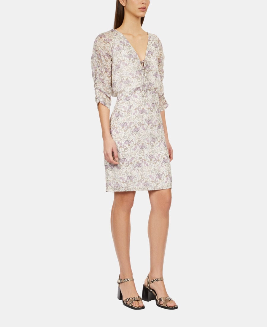 The Kooples FEMME ECRU/MAUVE CHALK robe courte fleurie avec laçage