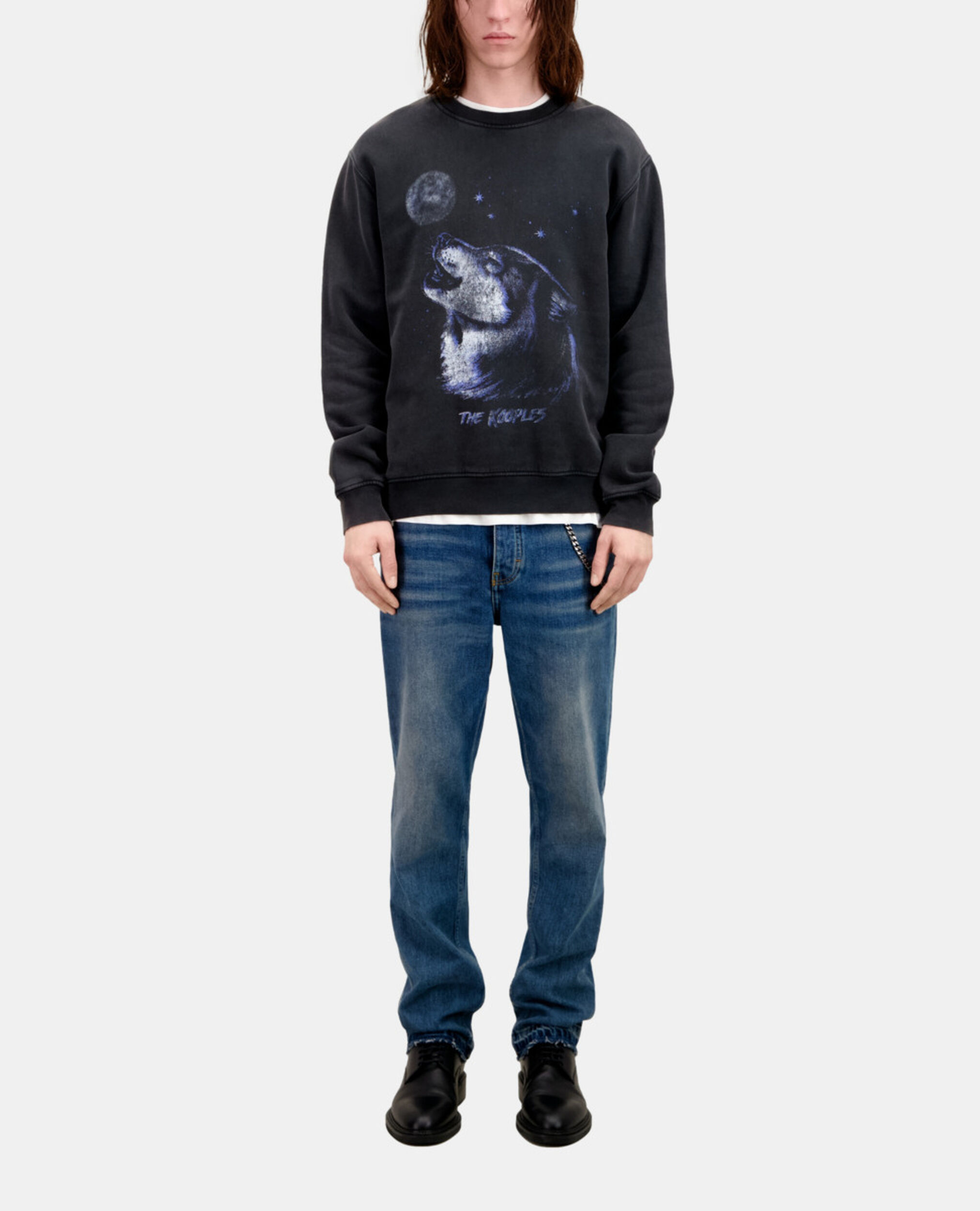 Men's Black sweatshirt with Wolf serigraphy, BLACK WASHED, hi-res image number null