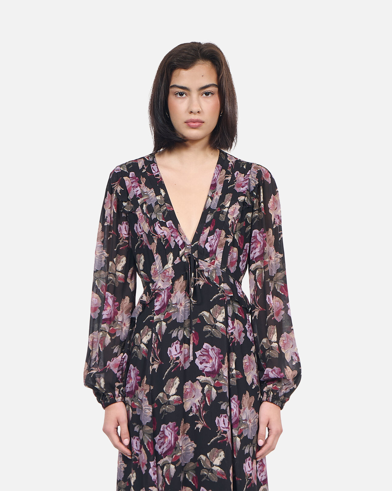 The Kooples WOMEN BLACK / PURPLE black long floral print dress