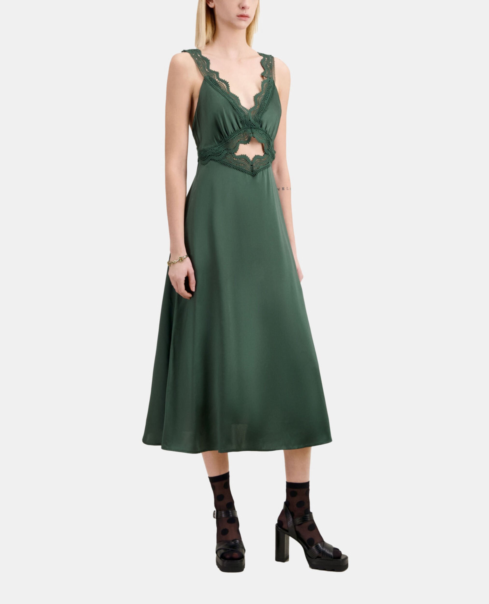 Long green slip dress with guipure, WOOD KAKI, hi-res image number null