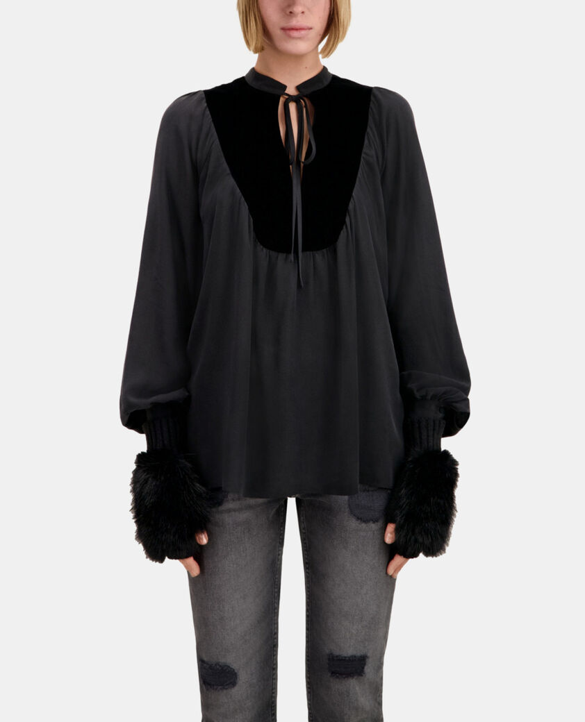 The Kooples WOMEN BLACK black silk top with velvet details