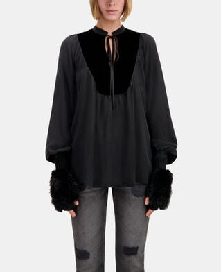 The Kooples WOMEN BLACK black silk top with velvet details