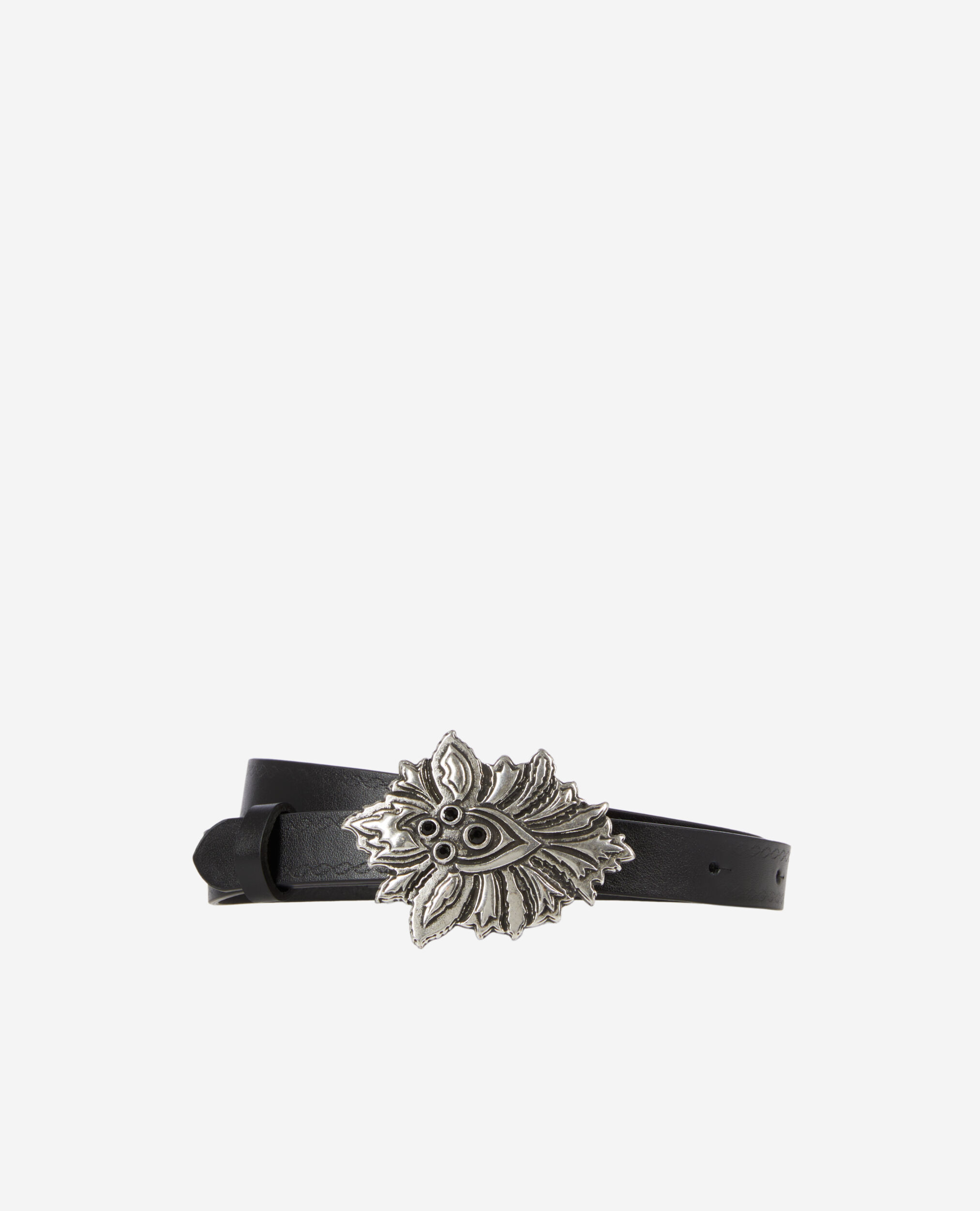 Thin black leather belt with flower buckle, BLACK, hi-res image number null