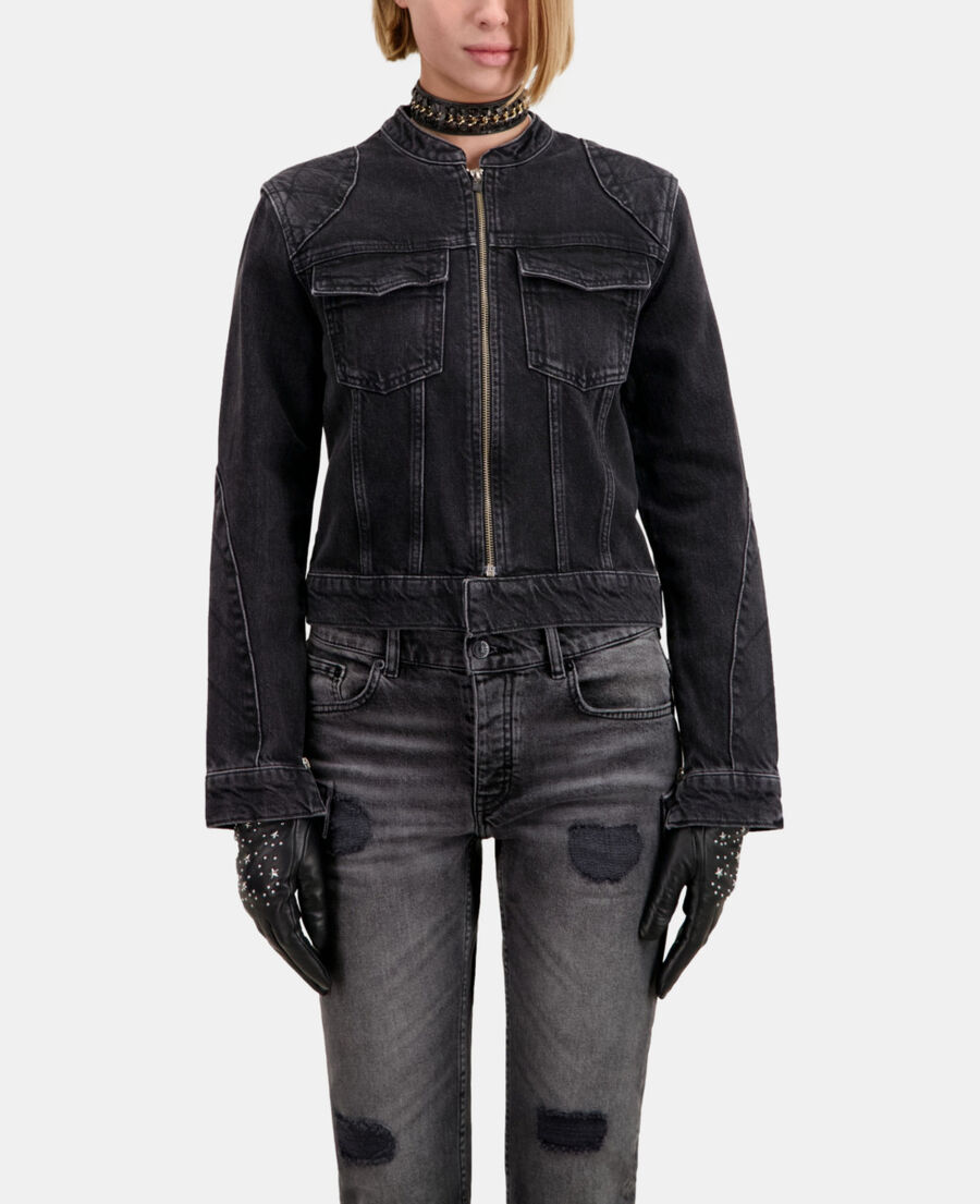 The Kooples WOMEN BLACK WASHED black denim biker jacket