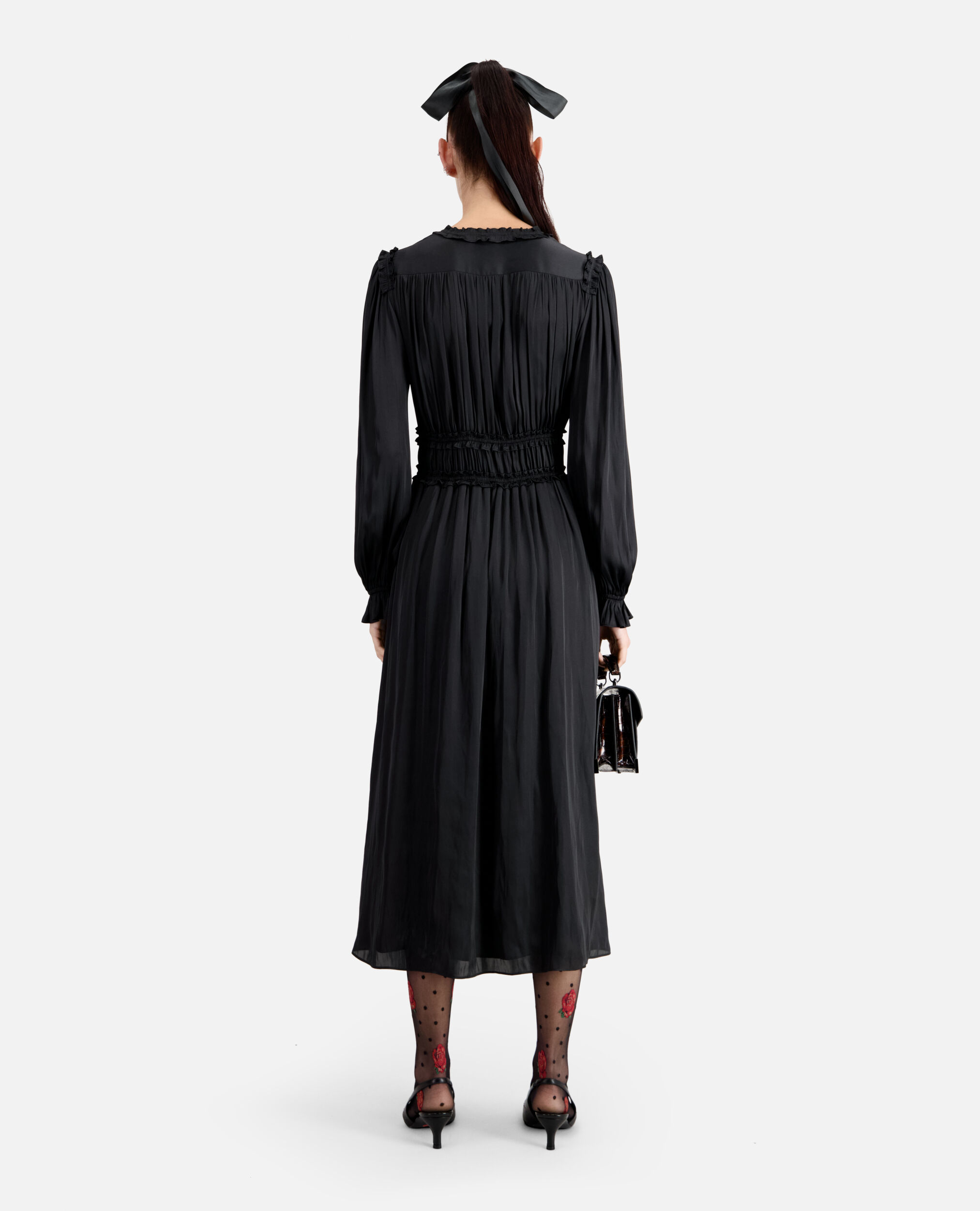 Schwarzes langes Kleid mit Raffungen, BLACK, hi-res image number null