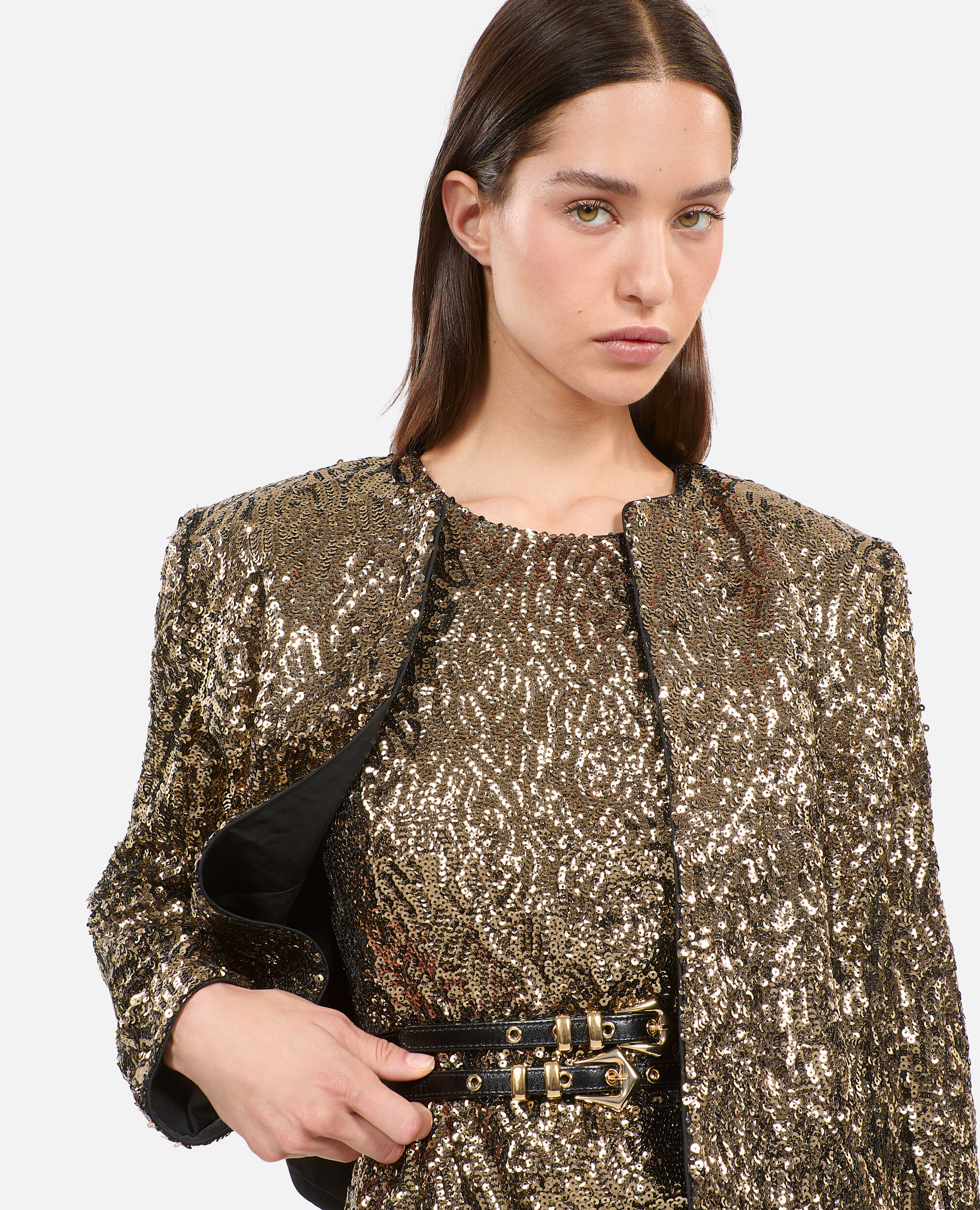 Short jacket with golden sequins