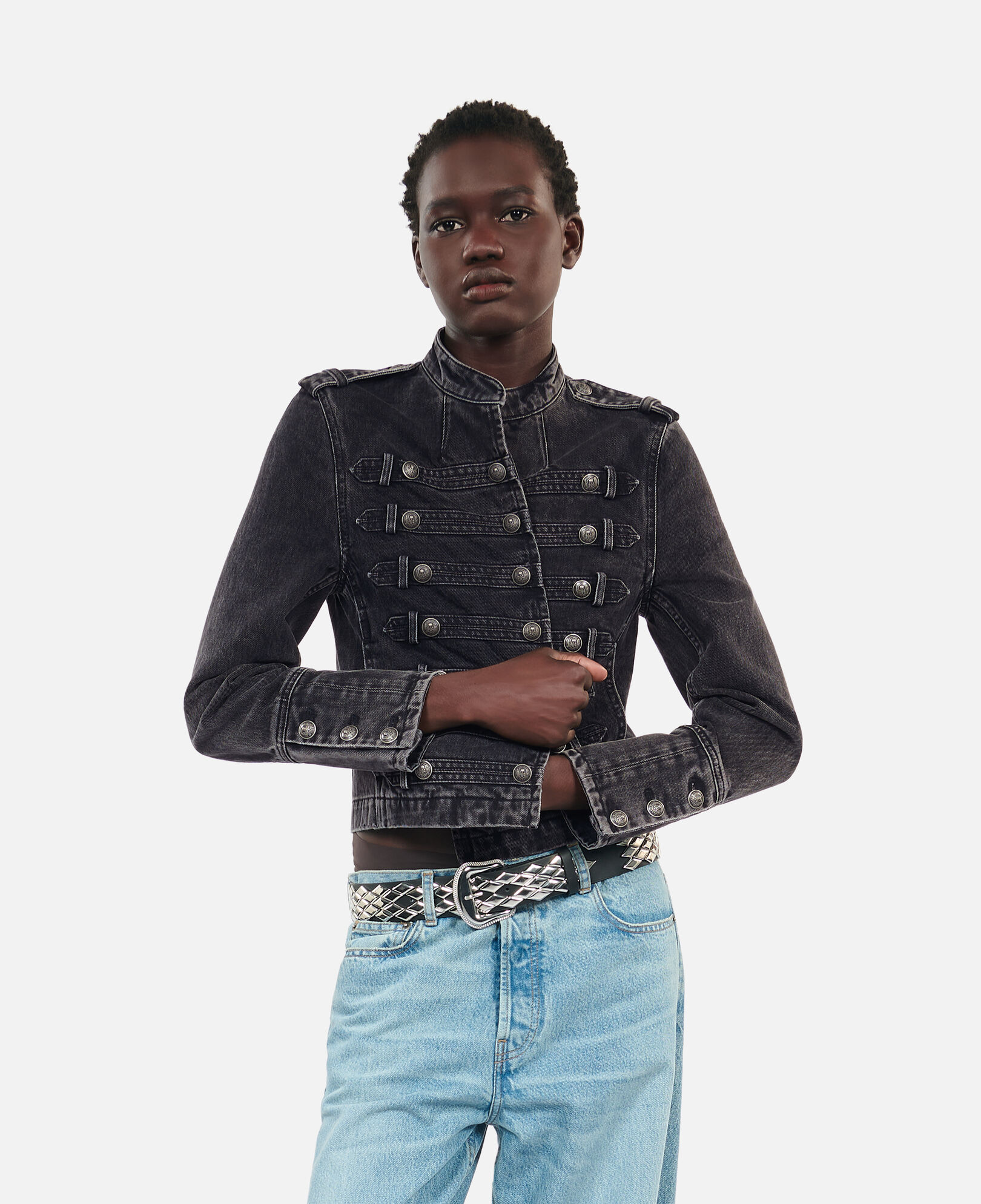 The Kooples WOMEN BLACK WASHED grey denim officer style jacket