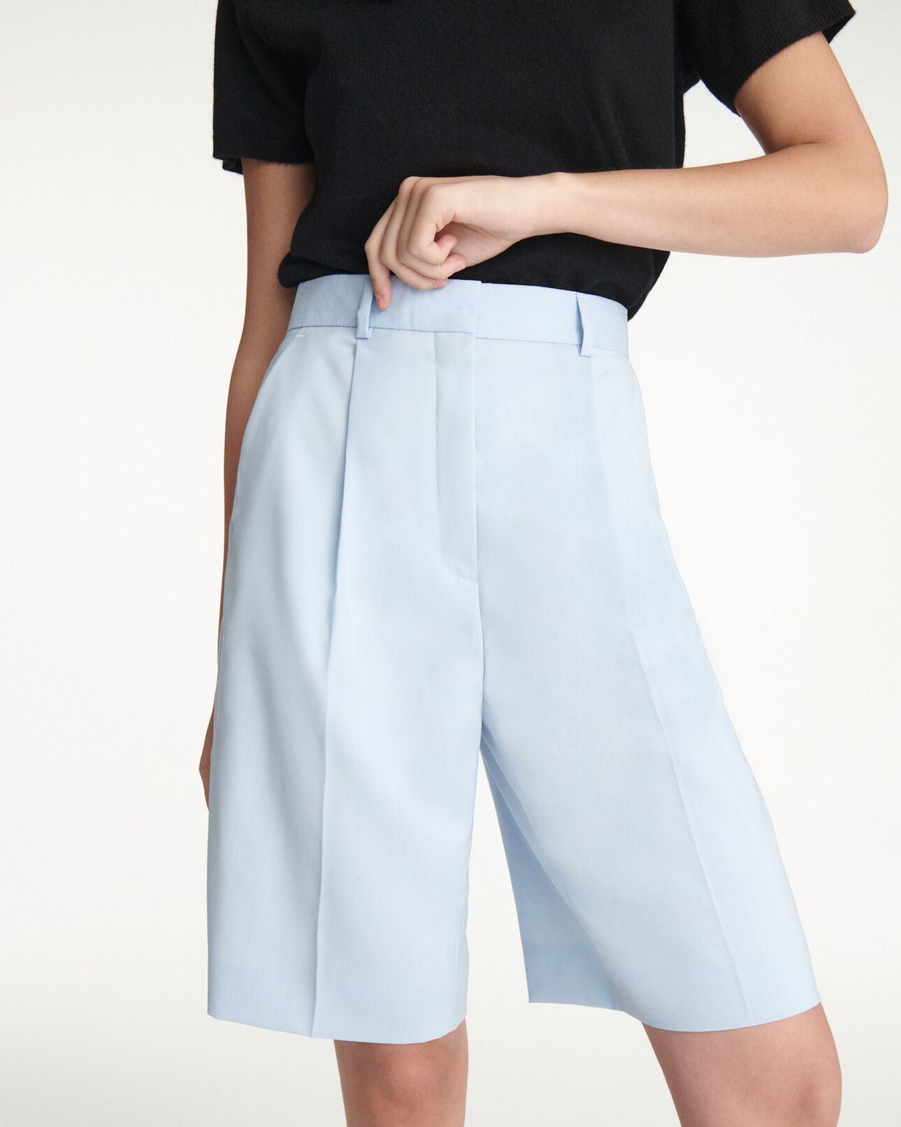 The Kooples WOMEN BLUE sky blue wool bermuda shorts with creases