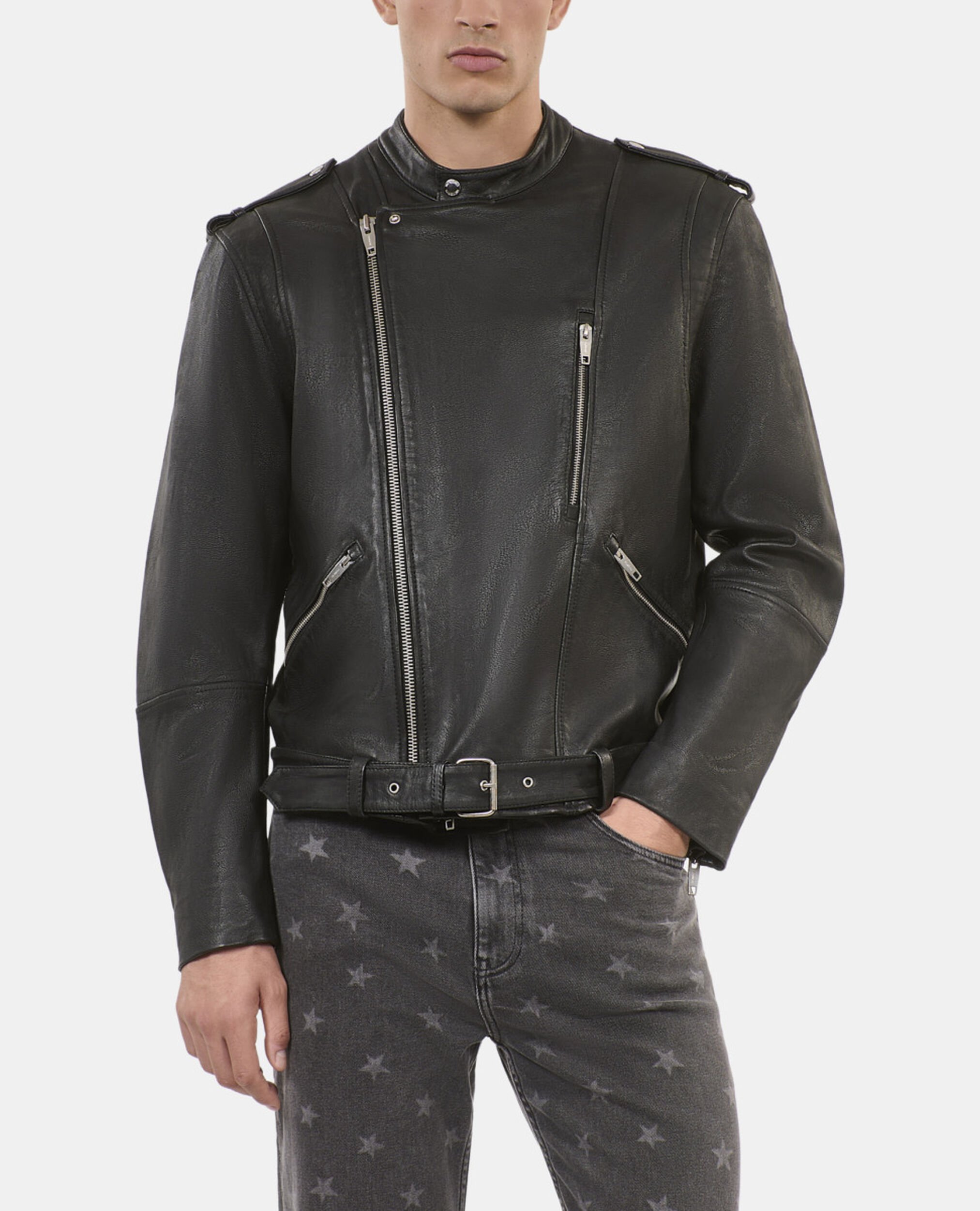 Blouson biker en cuir noir, BLACK, hi-res image number null