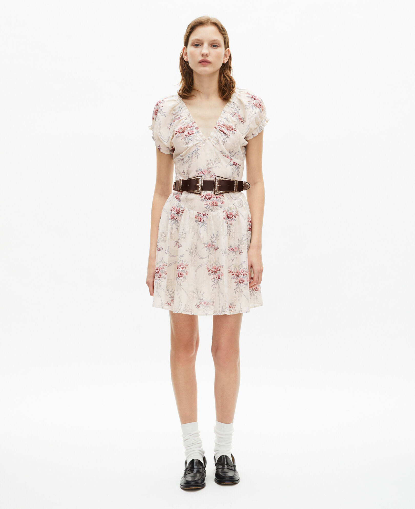 The Kooples WOMEN OFF WHITE / PINK short white 'antik flowers' print dress