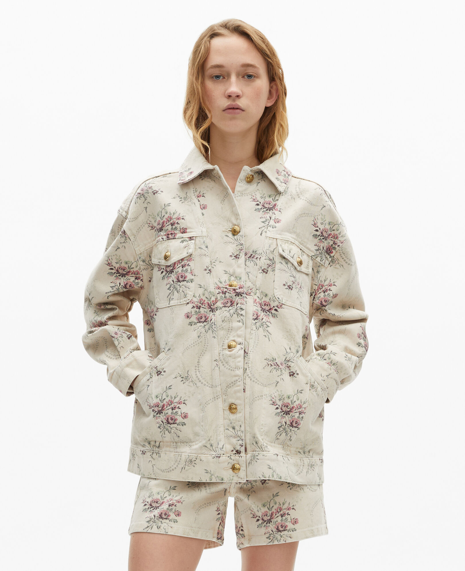 The Kooples WOMEN BEIGE TAUPE beige denim jacket with 'antik flowers' print