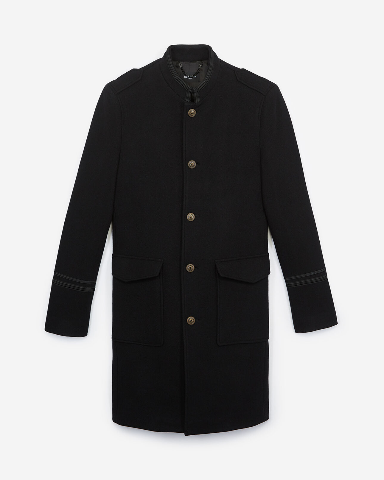 The Kooples MEN BLACK oversized wool coat with leather collar