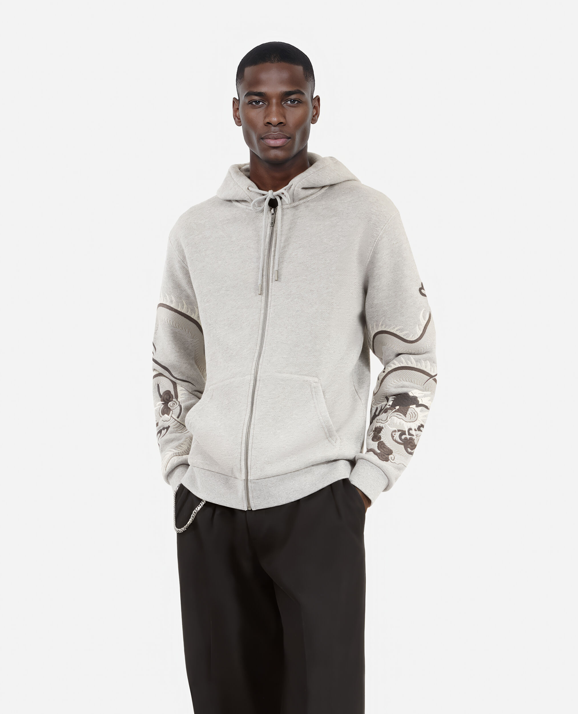 Sudadera bordada capucha gris, GREY MELANGE, hi-res image number null