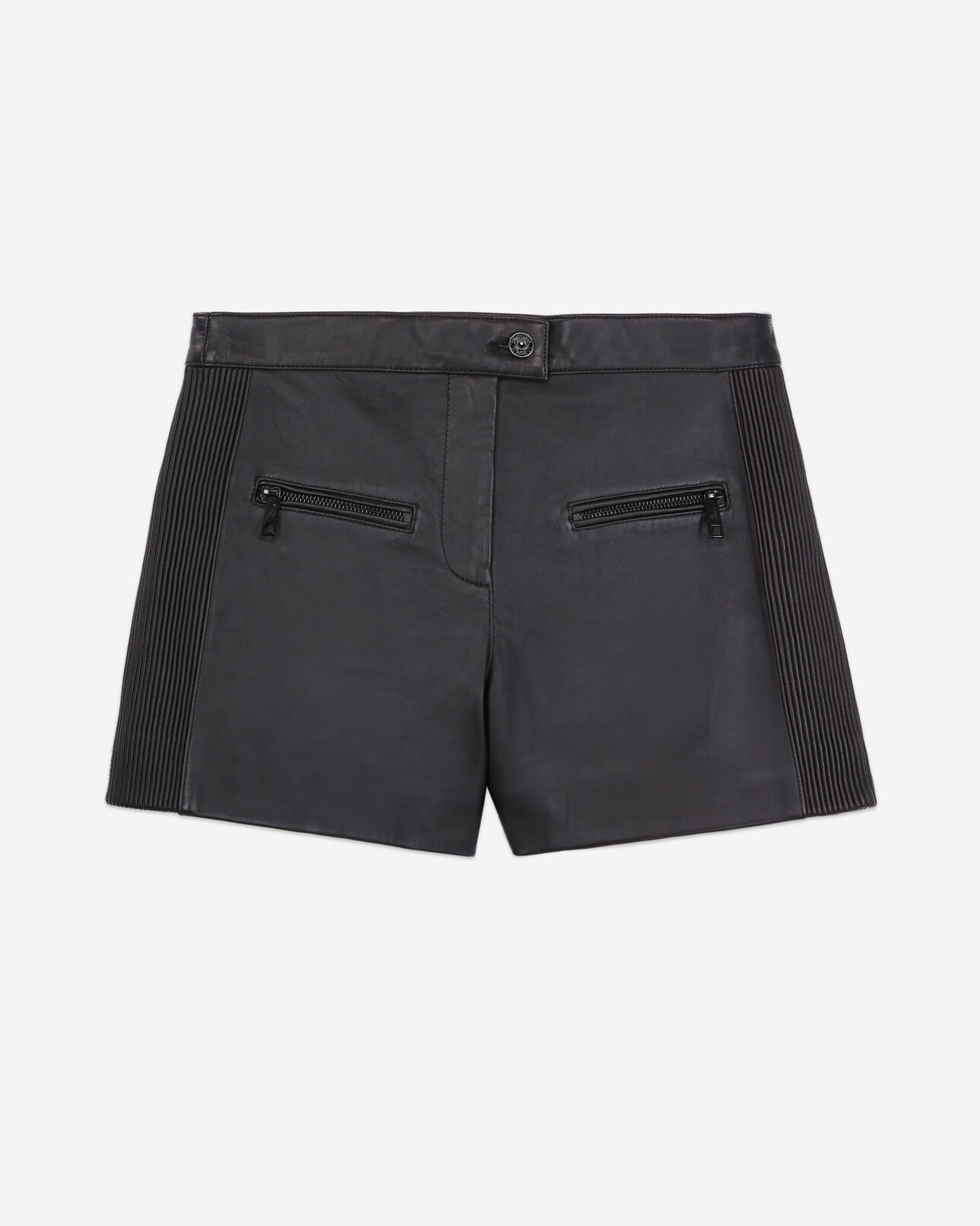 The Kooples WOMEN BLACK black leather shorts with pintuck details