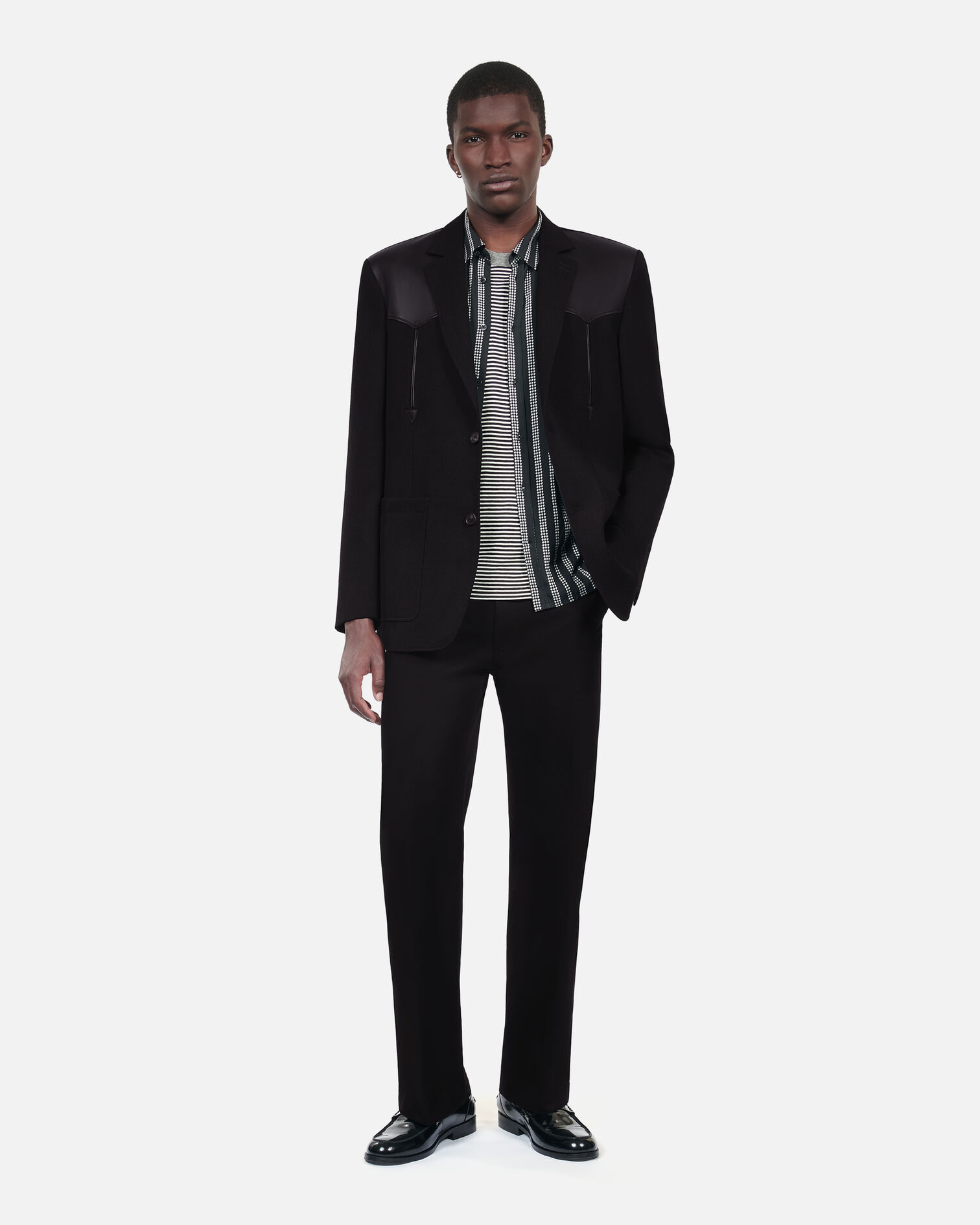 Black wool jacket with lambskin details, BLACK, hi-res image number null