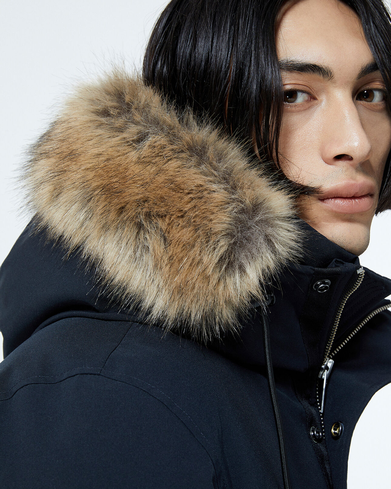 The Kooples HOMME DARK NAVY parka bleu marine longue à détail cuir