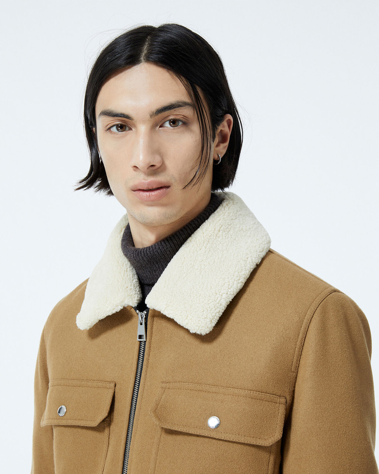 The Kooples MEN CAMEL camel-colored wool jacket w/sheepskin collar