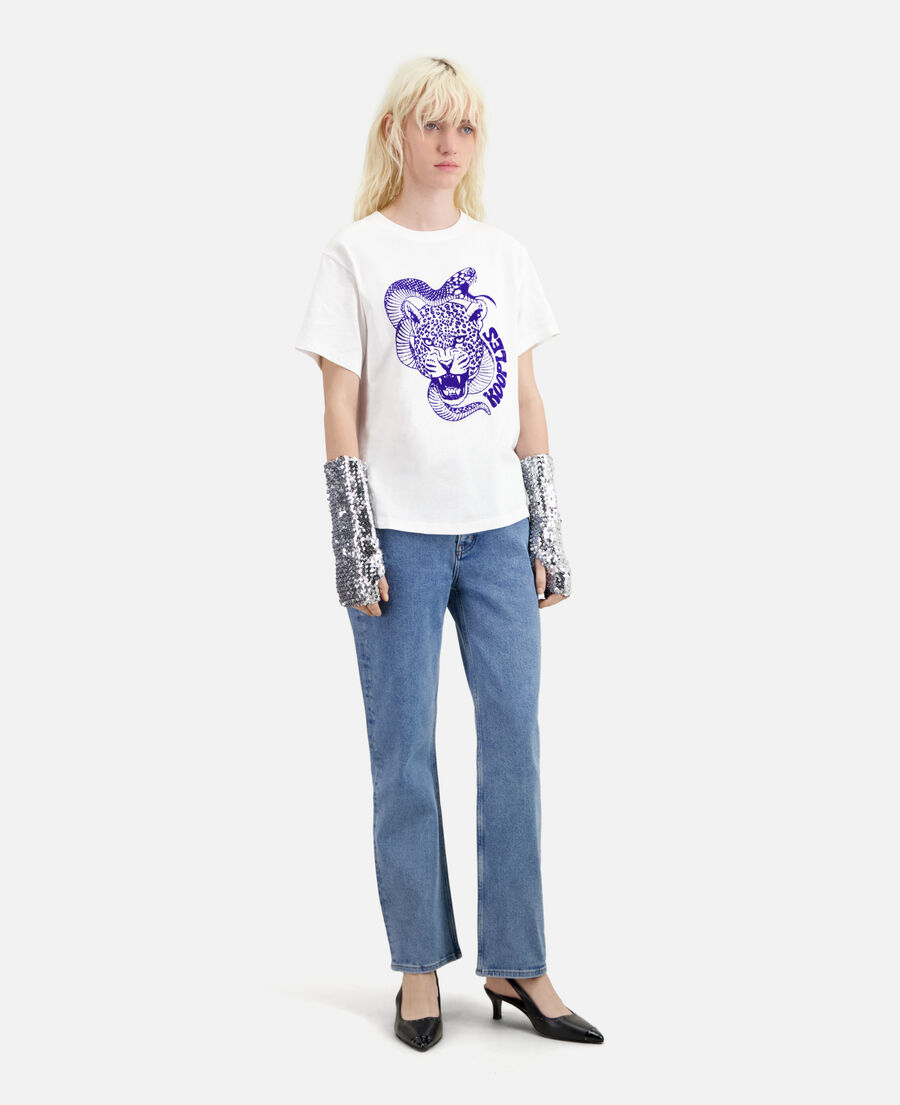 white t-shirt with snake leopard flocking